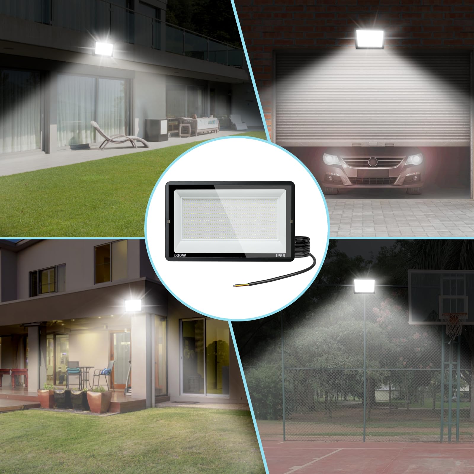 Zewnętrzny reflektor LED 500W: 50000LM 6000K IP66 Reflektory zewnętrzne | Zewnętrzne oświetlenie punktowe do ogrodów, tarasów, garaży, oszczędność energii