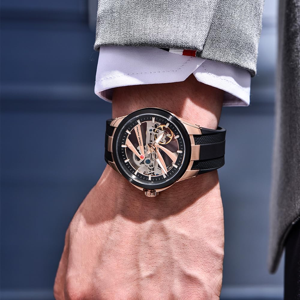 Pagani Design, orologio meccanico automatico da uomo, quadrante scheletrato, cassa in acciaio inossidabile, cinturino in fluorurubber, impermeabile fino a 100 m, orologio di lusso per uso quotidiano