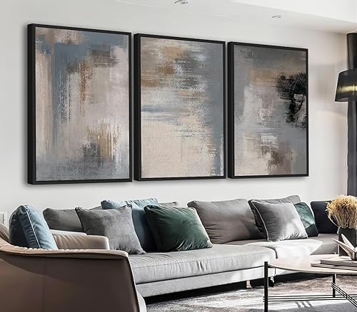 Miniatura 10 de Arte de pared abstracto con marco grande – Cuadros de lienzo enmarcados naturales para sala de estar, impresiones modernas de lienzo retro marrón