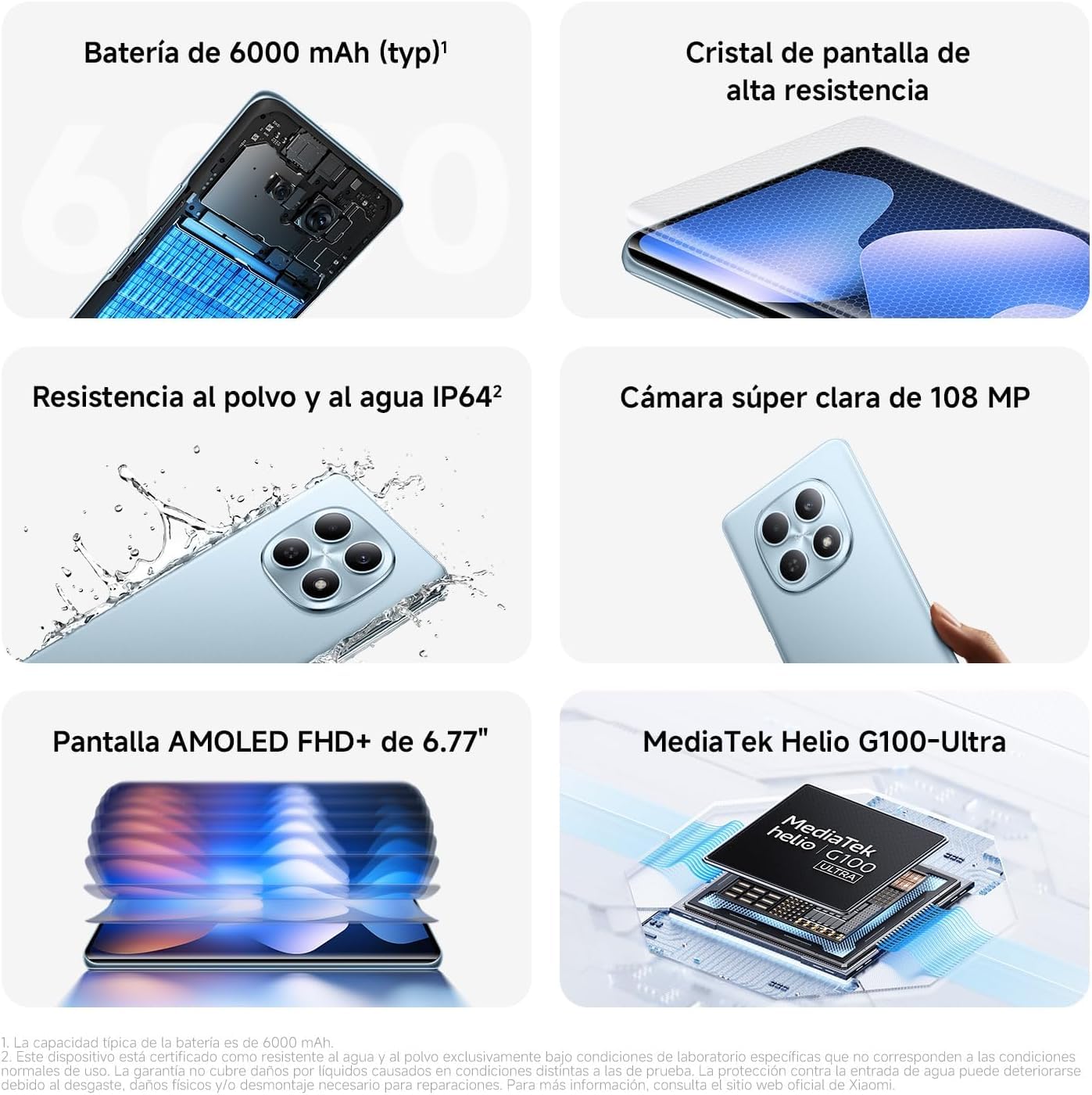 XIAOMI REDMI Note 15 4G- Smartphone de 8+256GB, Pantalla AMOLED FHD+ de 6,77", MediaTek Helio G100-Ultra, cámara de 108MP, batería de 6000 mAh, Azul Glaciar