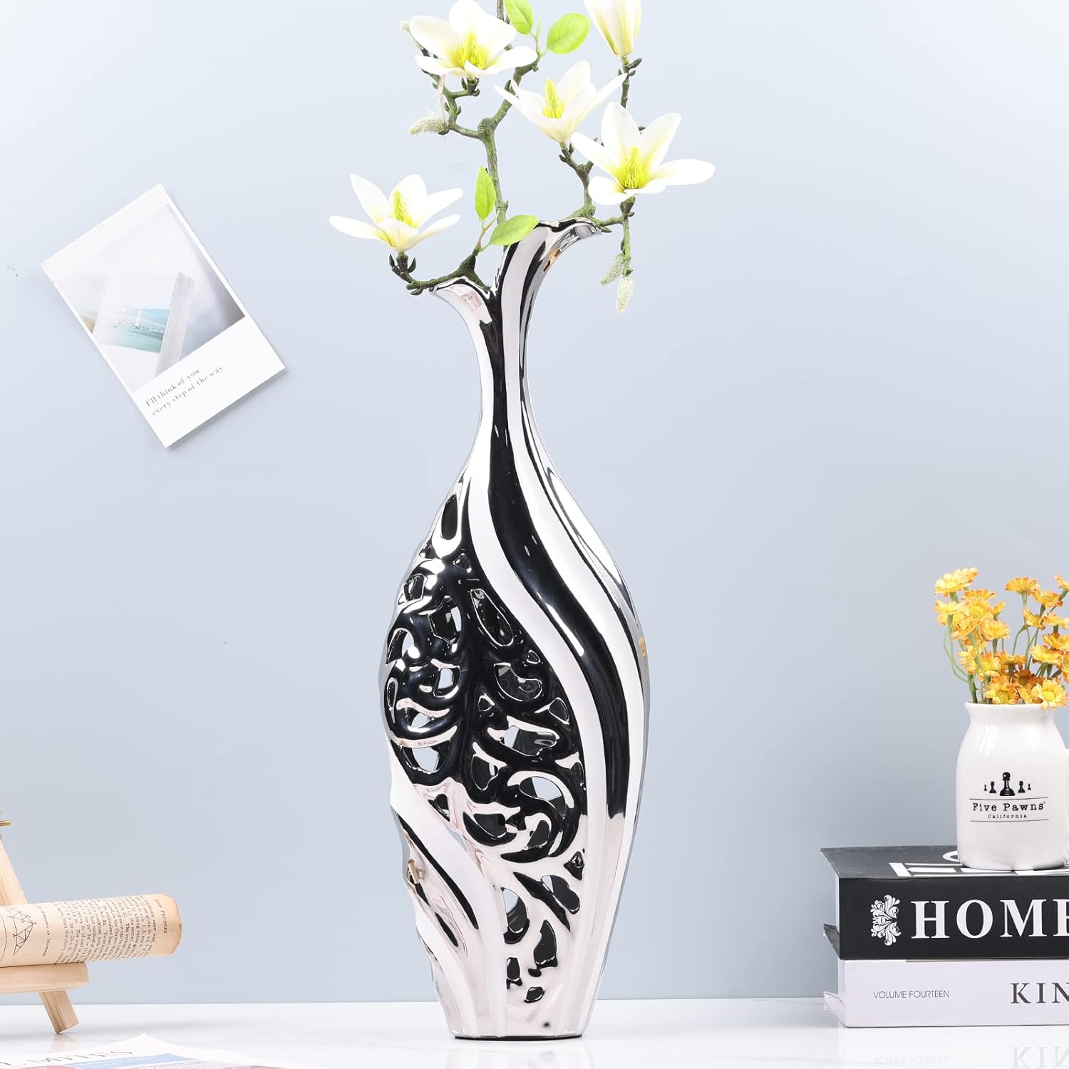 19 inch Floor Standing Large vase, Silver White Ceramic vase, Hollowed Out Large vase, Unique Pampas Grass vase Suitable for Living Room Floor, Home Office, Porch Home Center Decorative Large vase - Image 4