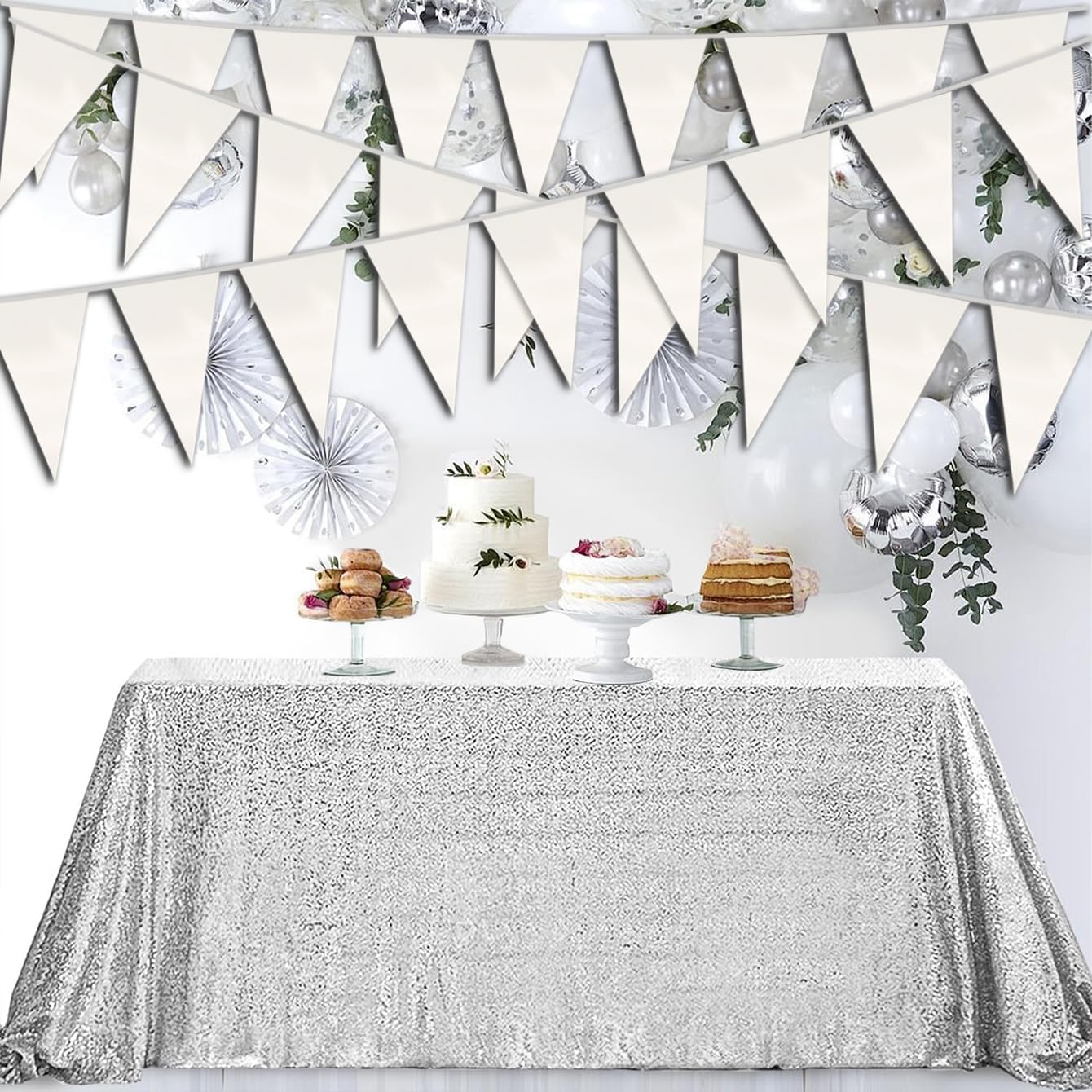 40 m weiße dreieckige Wimpelkette mit Metallic-Gewebe, Girlande für Weihnachten, Abschlussfeier, Hochzeit, Verlobung, Jahrestag, Junggesellinnenabschied, Geburtstag, Brautparty, Valentinstag,