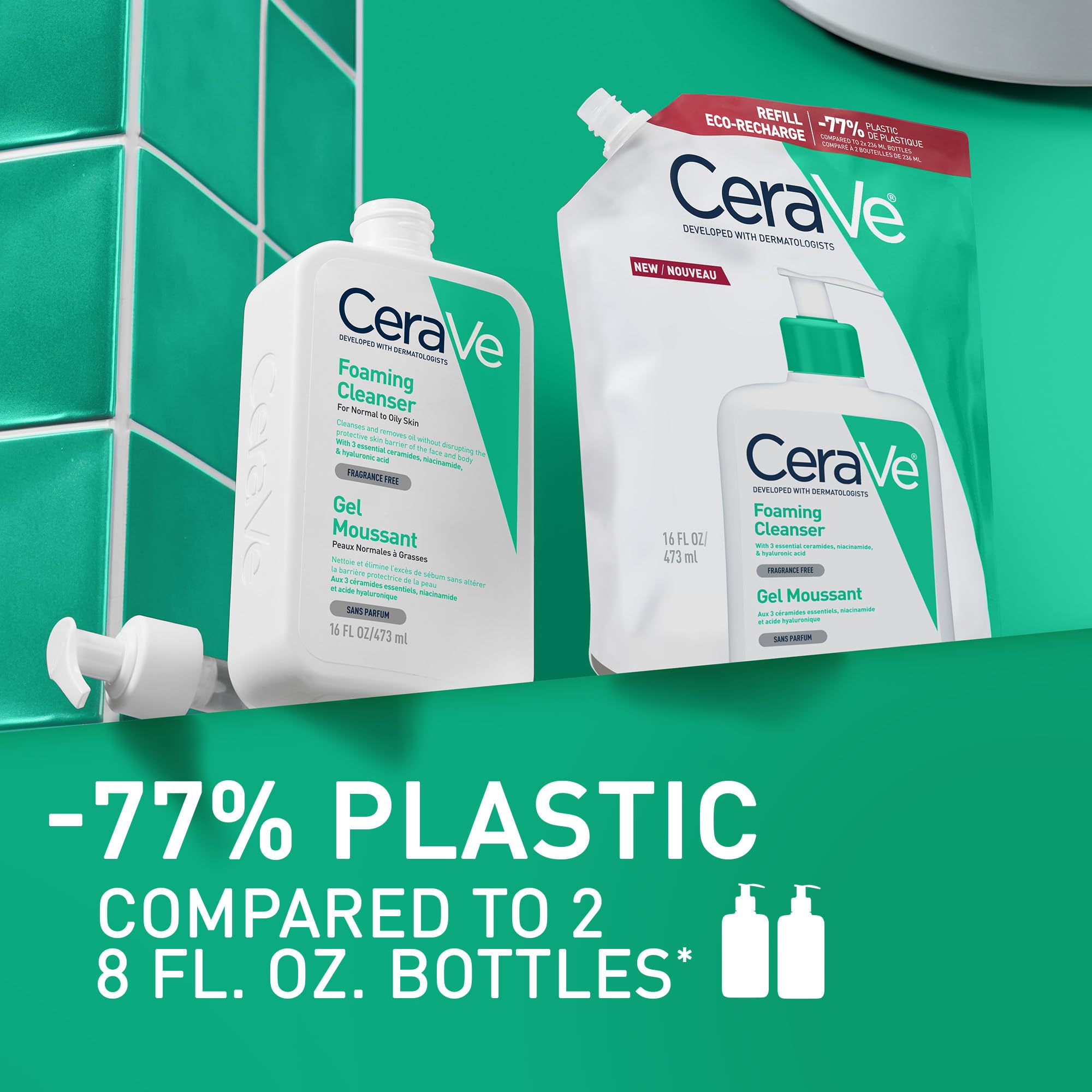CeraVe Schiuma Detergente, Per Pelli da Normali a Grasse, Adatto a Viso e Corpo, Con Ceramidi Essenziali, Niacinamide e Acido Ialuronico, Confezione Refill, 473 ml