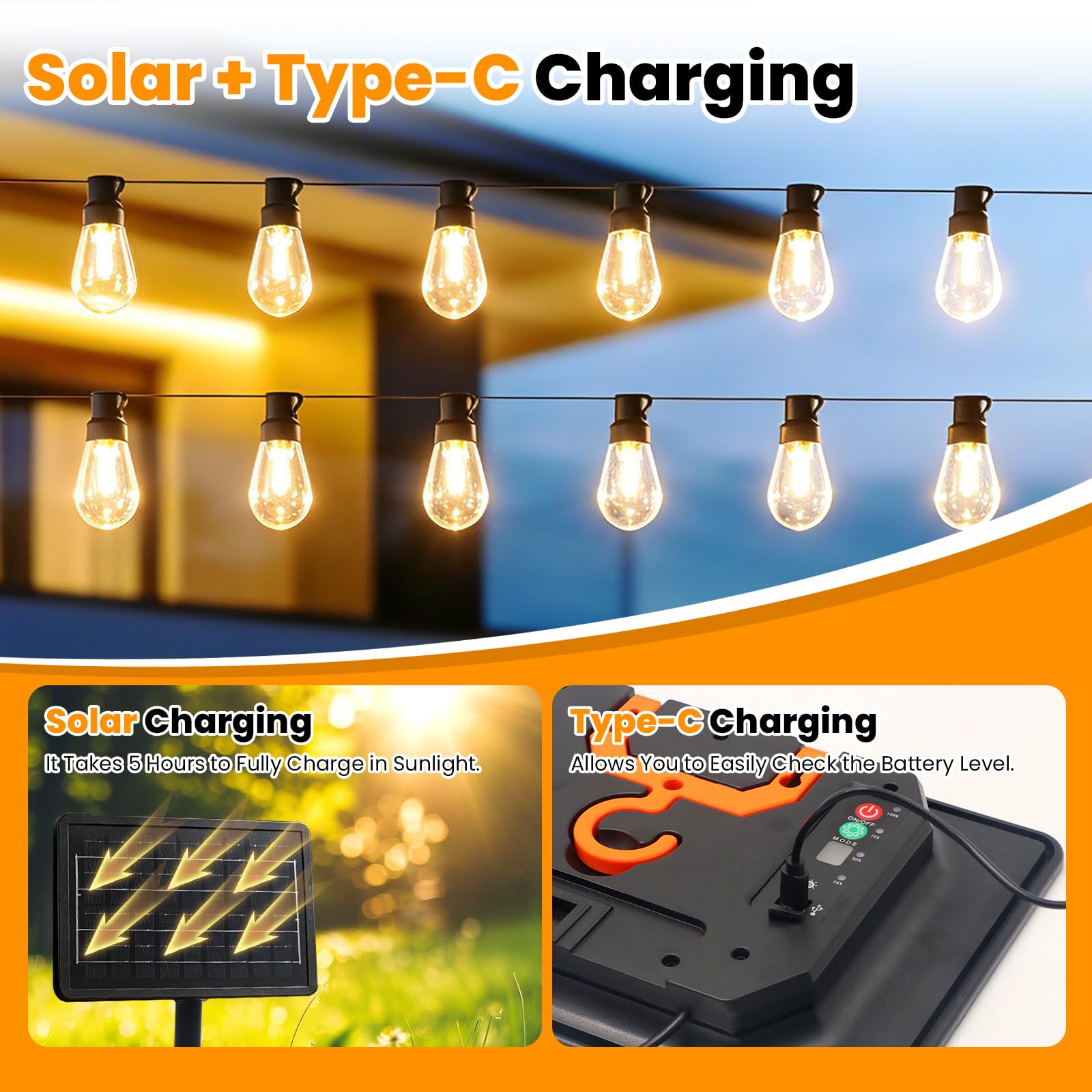 24V 7200mAH Lámpara solar LED de bombilla para exteriores [37 LEDs/45M, blanco cálido], luz de jardín impermeable IP67, 8 modos, bombilla de PC irrompible con gancho en S