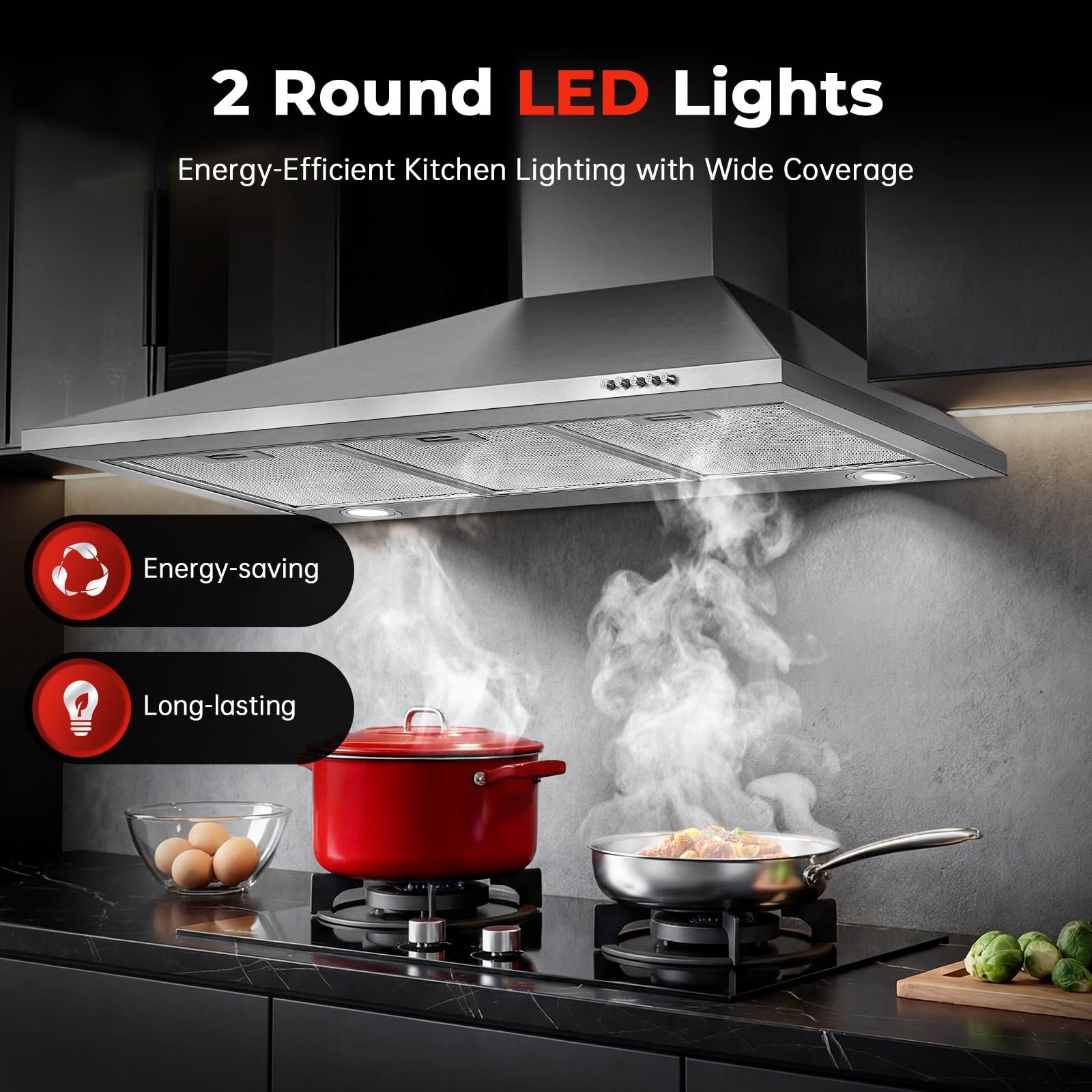 SNDOAS Chimney Cooker Hood 90cm, 400m³/h Extractor Fan for Kitchen with Carbon Filters, A+++, 3-Speed with LED Lights, Recirculating & Ducting Modes Wall Mounted Range Hood, Silver — view 6