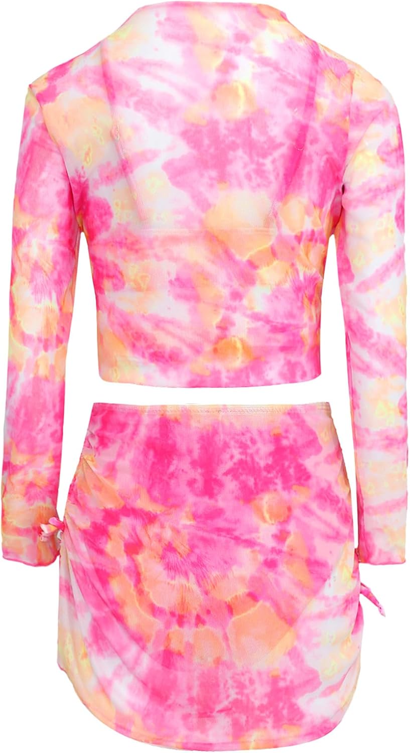Kaerm Kids Girls Tie Dye Print Swimsuit Beachwear Bikini Set with Cover Up Outfits Pool Bathing Suit