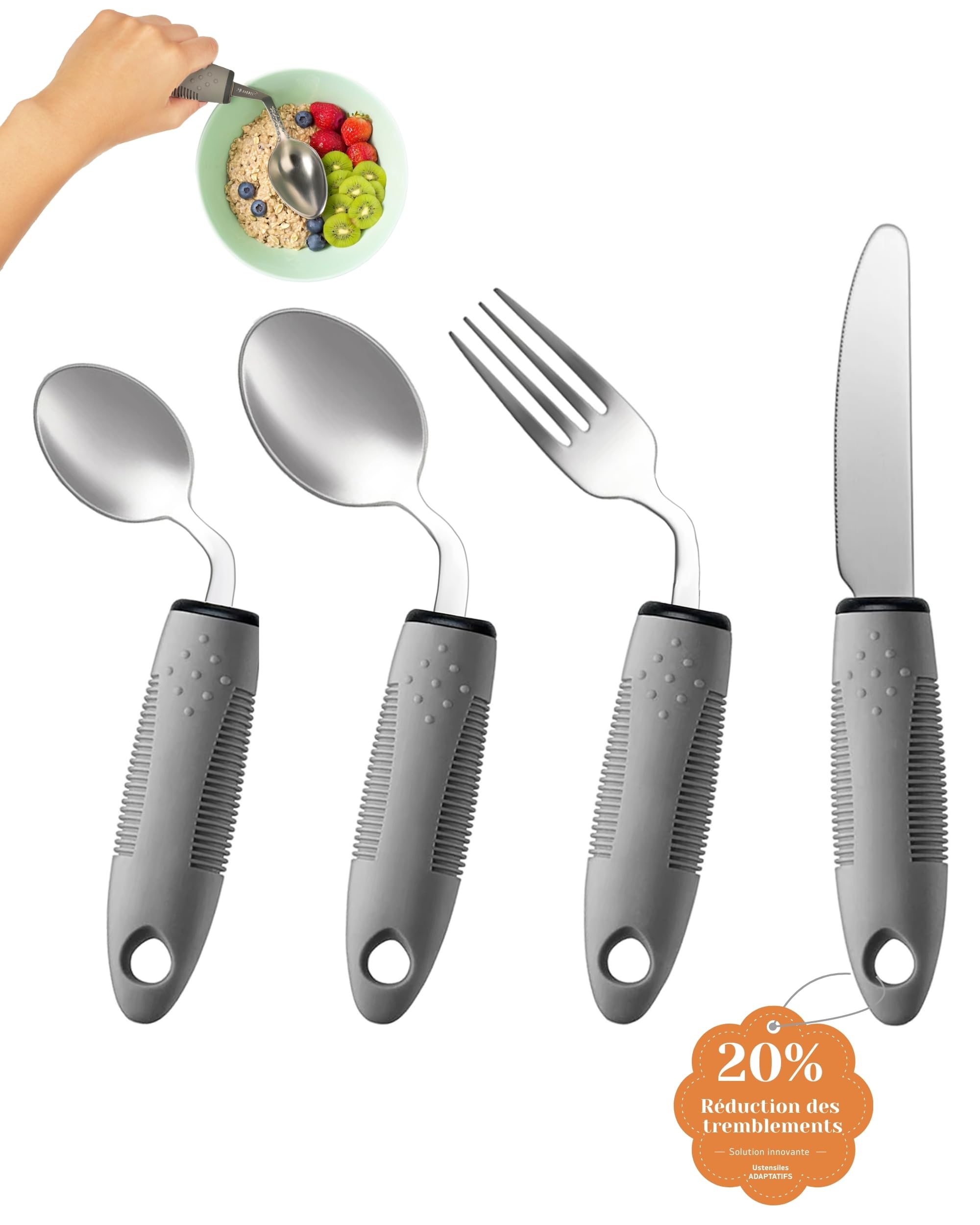 Ensemble de Couverts Adaptés (4 Pièces) - Angle de 42°, Couverts Lestés 85g pour Parkinson, Tremblements et Arthrite - Aide à l'Alimentation Ergonomique Facile à Saisir (Droitier)
