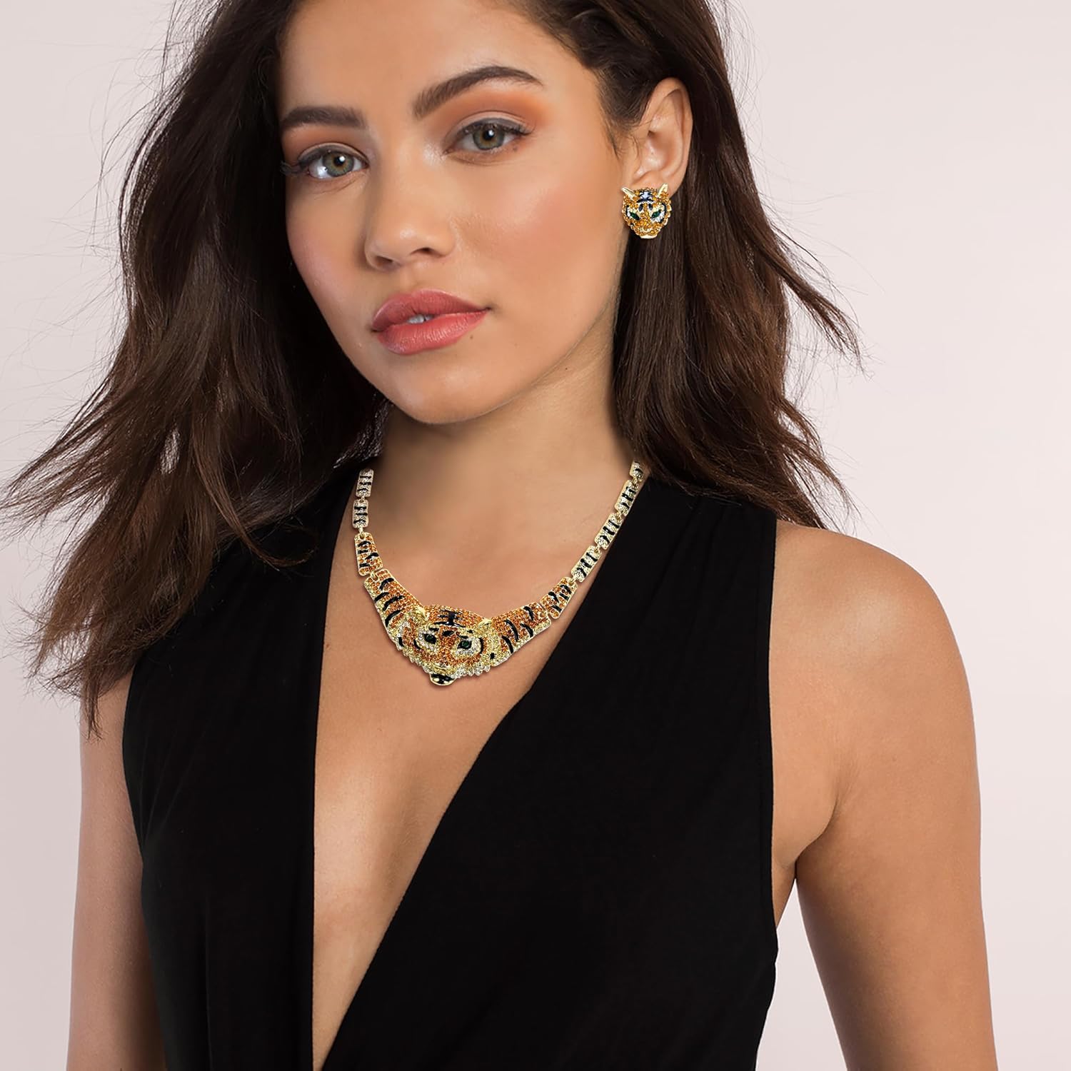 EVER FAITH Austrian Crystal Enamel Big Tiger Head Necklace Stud Earrings Set