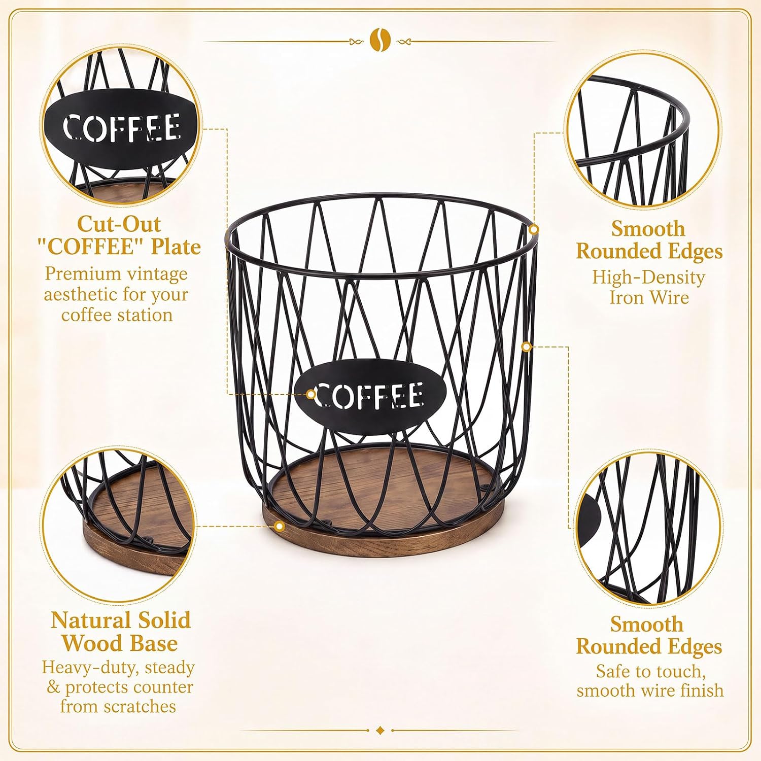 Hicarer 2 Pcs Coffee Pod Holder Basket Metal Coffee Capsule Cup Organizer with Wooden Base Large Capacity Countertop Storage for Pods, Tea Bag, Bar Accessories