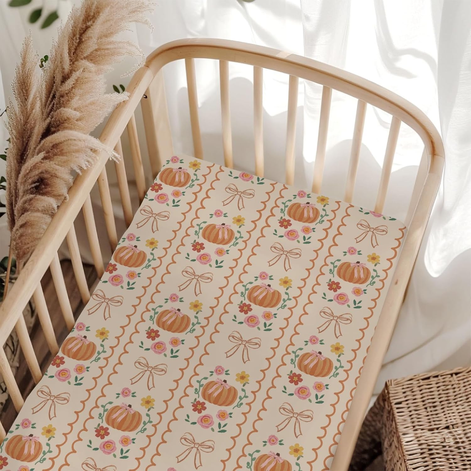 Retro Fall Pumpkins Bows Floral Baby Crib Sheets for Boy Girl 52"x28" Preppy Orange Pumpkin Soft Snug Fitted Crib Mattress Cover Cottagecore Autumn Halloween Bed Sheet for Crib & Toddler Mattress