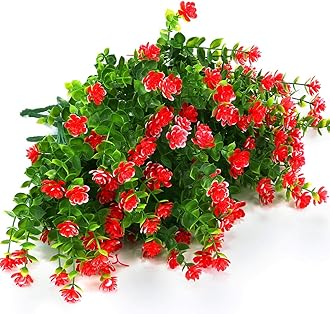 ArtBloom 24 Bundles Outdoor Artificial Flowers UV Resistant Fake Boxwood Plants, Faux Greenery for Indoor Outside Hanging Plants Garden Porch Window Box Home Wedding Farmhouse Décor (Red)