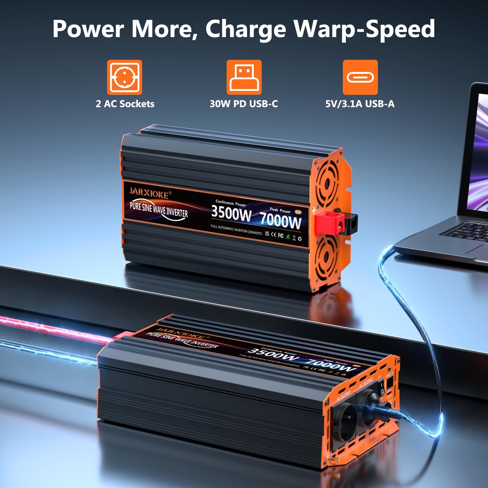 Przetwornica napięcia, 3500 W, 24 V na 230 V, czysta sinusoidalna przetwornica napięcia, konwerter z pilotem LCD, 2 gniazda EU, 30 W USB-C, 5 V/3,1 A USB, 6000 W Peak do przyczep kempingowych