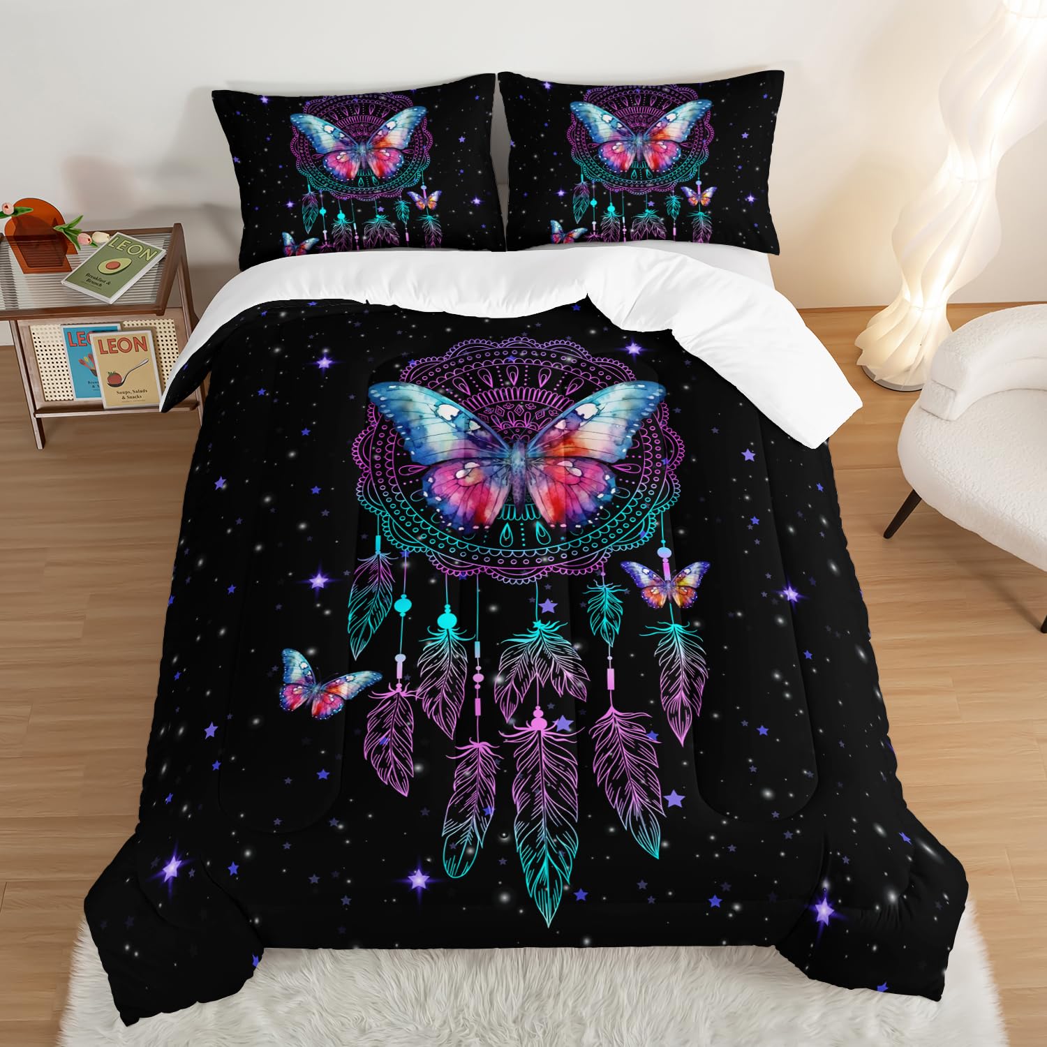 HOSIMA Traumfänger-Bettwäsche-Set für Mädchen, Schmetterlings-Federn, Traumgeschichten, Tröster-Set, Kidcore, Raumdekoration, ästhetisch, Galaxie, Sternenhimmel, schwarz, Bettdecke in voller Größe mit