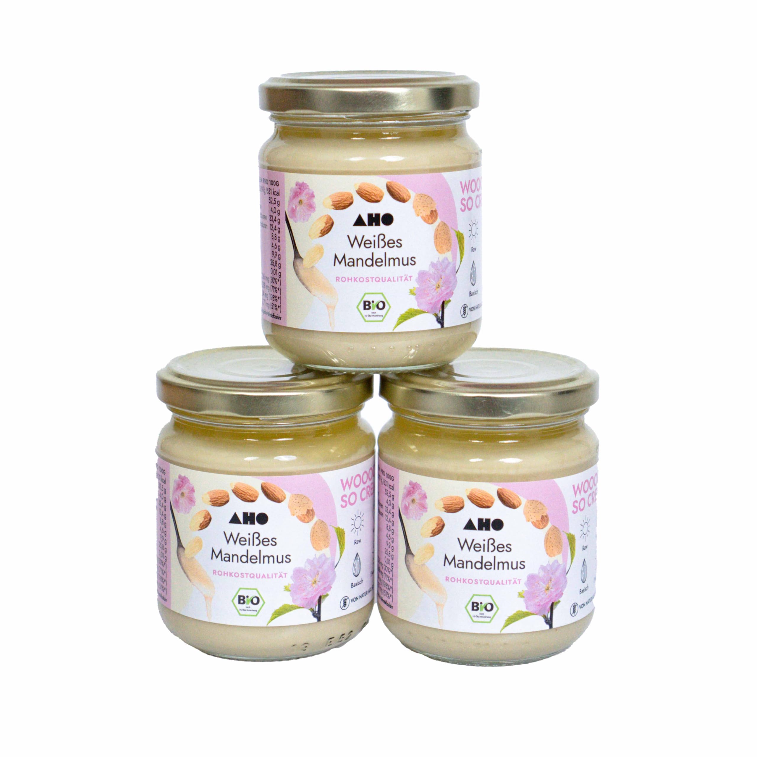 AHO Weißes Mandelmus in Rohkostqualität 3x200g Glas aus europäischen Mandeln (3x200g)