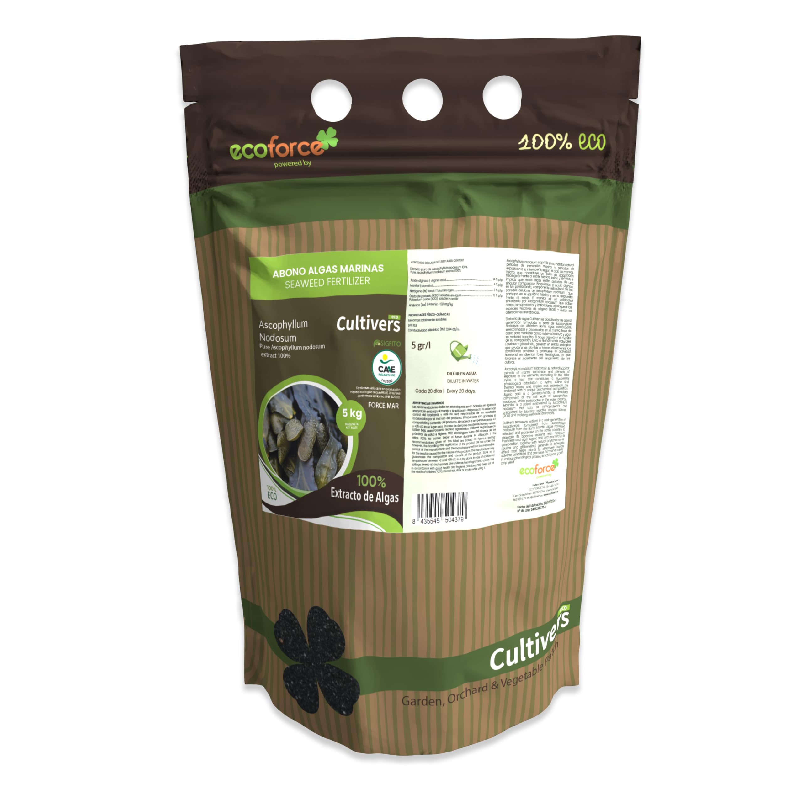 CULTIVERS Engrais aux algues 5 kg. Poudre Soluble Engrais Organique Écologique. Extrait d'algues 100%. Engrais bioactivateur à base d'extraits d'Ascophyllum nodosum. Force Mar Eco
