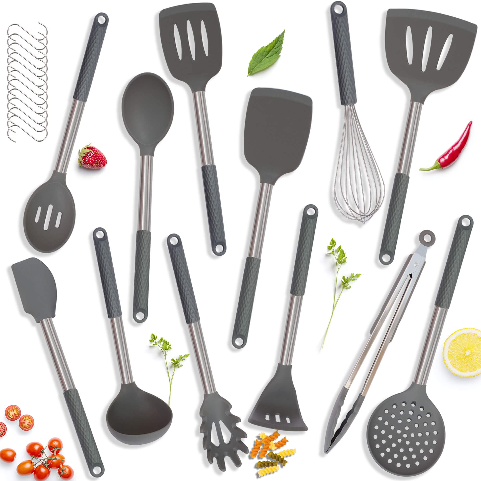 Set di utensili da cucina: utensili da cucina in silicone con manico in acciaio inox, set da 12 (grigio)