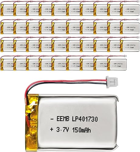 EEMB Paquete de 40 baterías de polímero de litio 3.7 V 150 mAh 401730 Lipo batería recargable con conector Molex de cable para altavoz y dispositivo