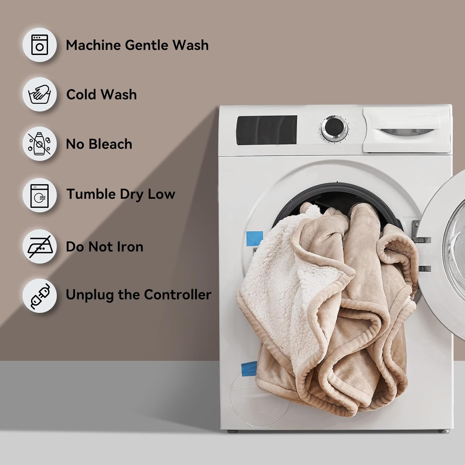 Electric Blanket Queen Size Dual Control,Flannel & Sherpa Plush 84"x 90" Heated Blanket Queen Heating Blanket with 10 Heating Levels,12 Hours Auto-Off Machine Washable(Khaki) - Image 6