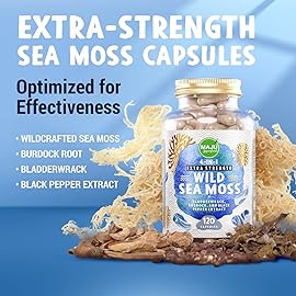 MAJU Wild Irish Sea Moss Capsules (120ct), Stronger Than Gel, 4-in-1 w/Bladderwrack + Burdock Root, Organic, Sebi Inspired, Raw, Seamoss Pills Powder, Wild, 1 Bottle