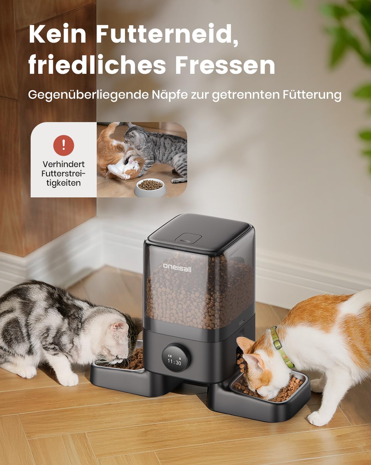oneisall 5L Futterautomat Katze 2 Näpfe | Einfache Bedienung, 1–6 Mahlzeiten täglich, geeignet für Katzen und Hunde, mit 2 Edelstahlnäpfen, 2KG Trockenfutter speichern
