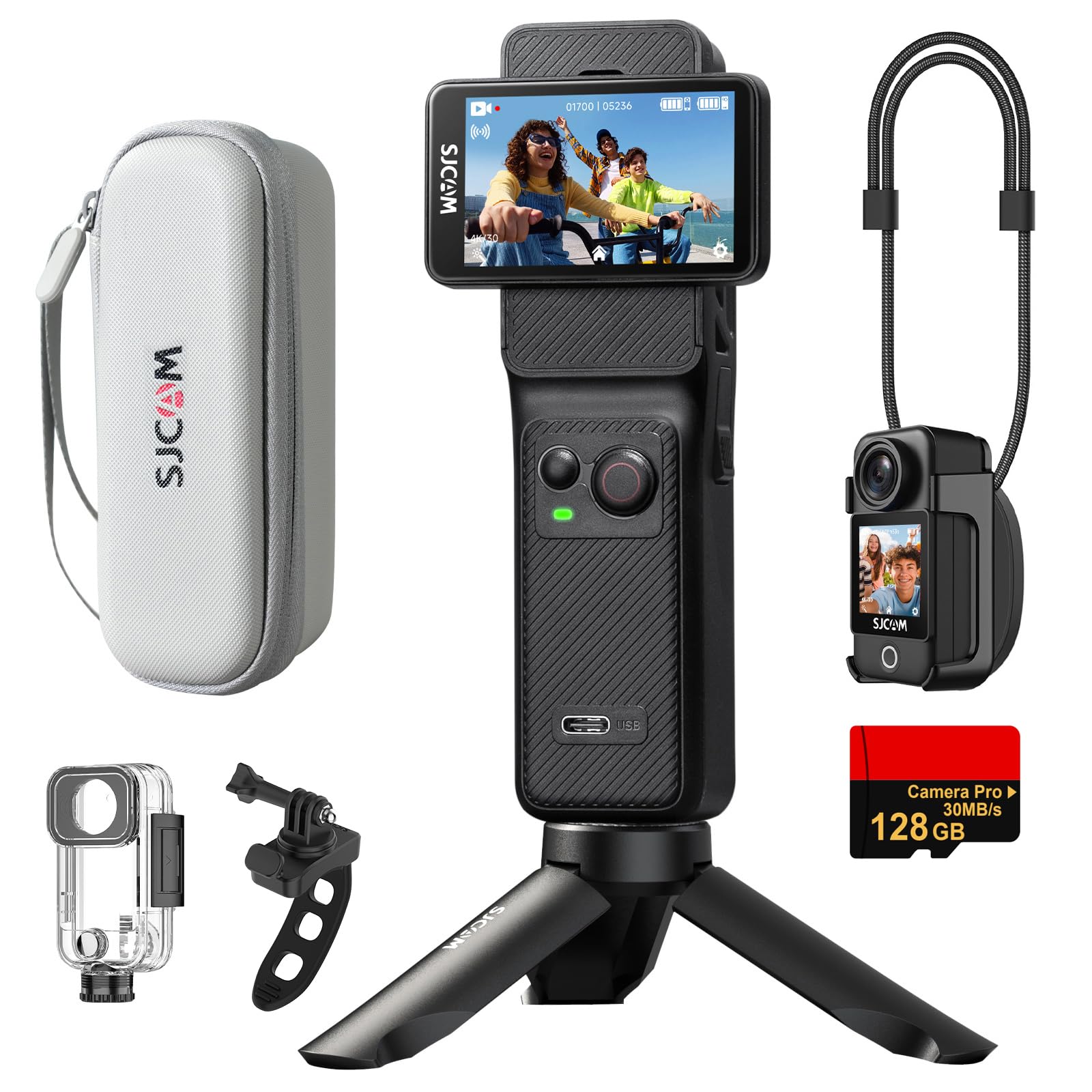 SJCAM C400 vlogカメラ 4K POCKET|7時間連続撮影|手ブレ補正搭載 アクションカメラ 小型|ハンドルコントローラー 三脚 磁気ストラップ付属|デュアルタッチスクリーン ウェアラブルボディカム|8倍ズーム POVカメラ|スキー/バイク/自転車/ヘルメット撮影対応 XYDL