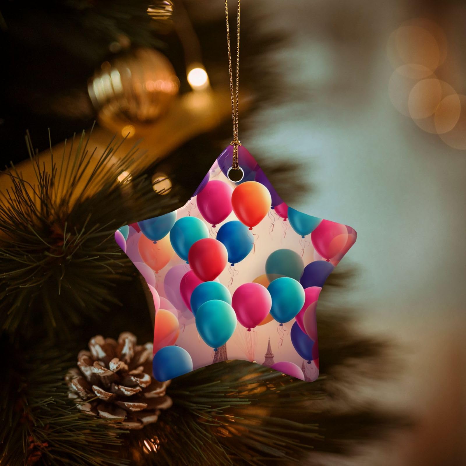 Christmas Ornaments for Christmas Tree Decoration Hanging Balloon Ornament with Gold Ribbon Crafts Star Shape Ceramic Pendant for Keepsake Gifts Xmas Decor Party Supplies