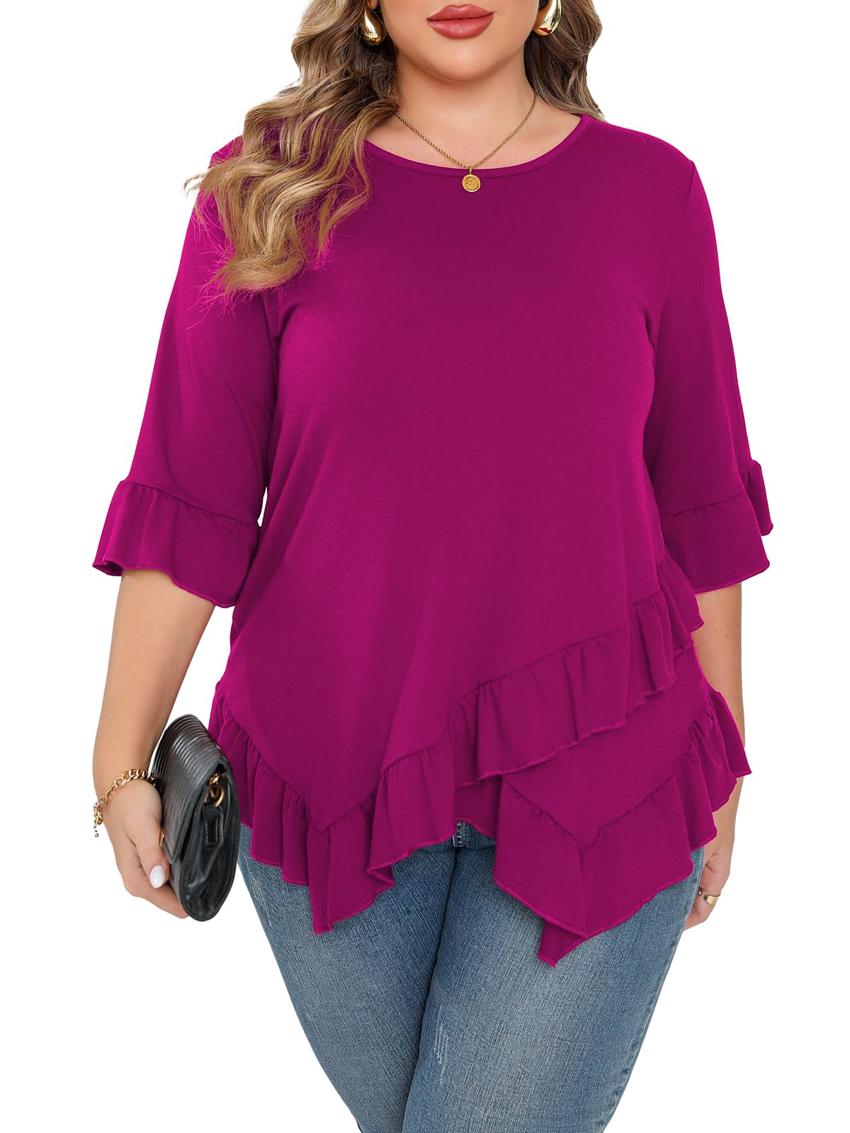 Beauhuty Plus Size Tops for Womens Tunic Ruffled Hem Crew Neck T-Shirts Casual Flowy Blouses 3/4 Ruffle Sleeve