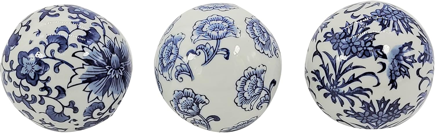 Galt International 4" Diameter Blue & White Floral Chinoiserie Ceramic Ball (Set of 3) Style 1| Decorative Ball Vase Bowl Filler