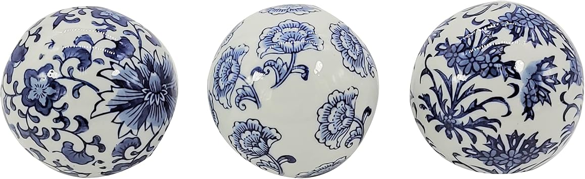 Galt International 4" Diameter Blue & White Floral Chinoiserie Ceramic Ball Set of 3 Style 1| Decorative Ball Vase Bowl Filler