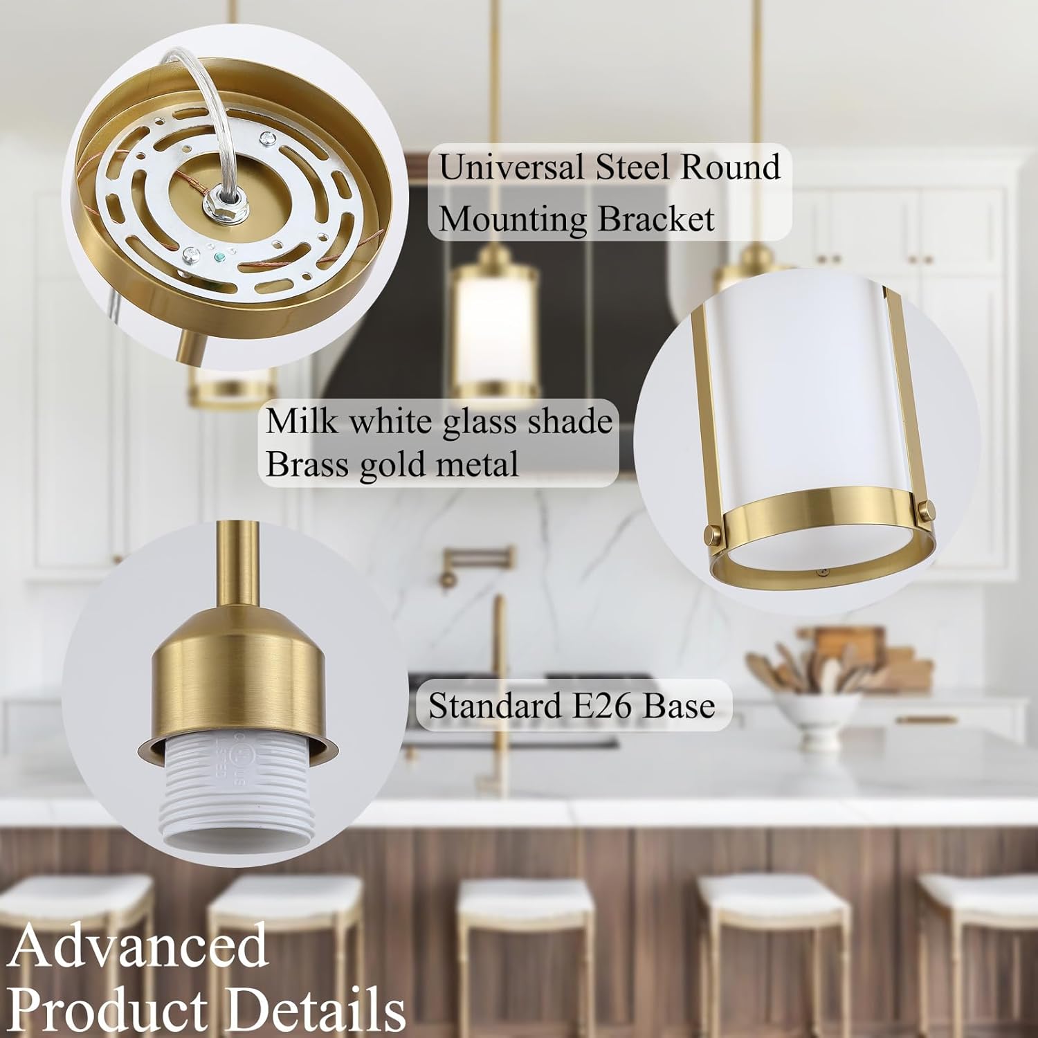 Brushed Gold Milk Glass Pendant Light Kitchen Island,Modern Brass Mini Pendant Lighting,Farmhouse Art Deco Chandelier Hanging Light Fixtures Over Sink for Dining Room