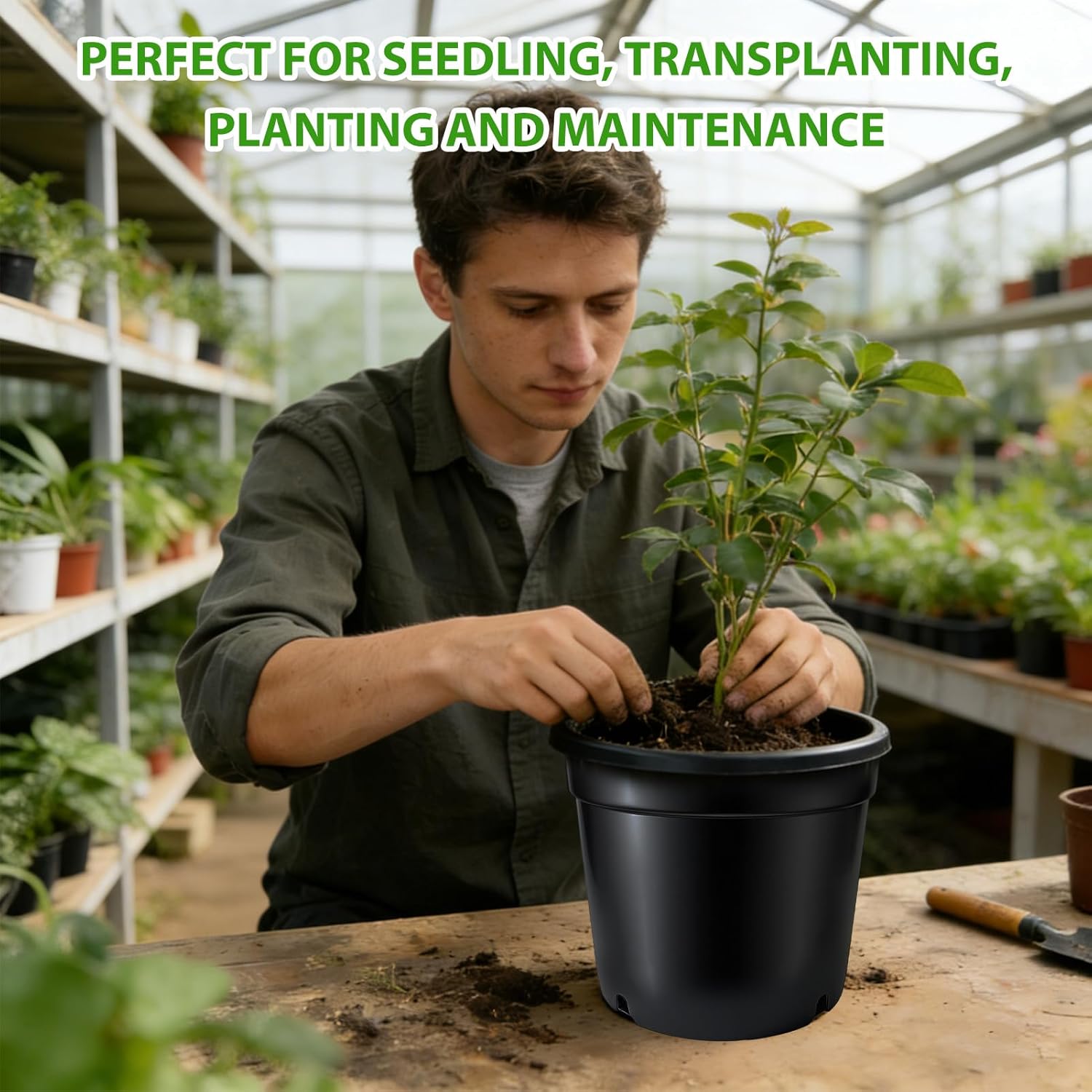 5 Gallon Pots for Plants, 5 Pack 12 Inch Round Sturdy Plastic Plant Pot Planters with Drainage Holes for Outdoor Indoor Plants, Flowers, Black