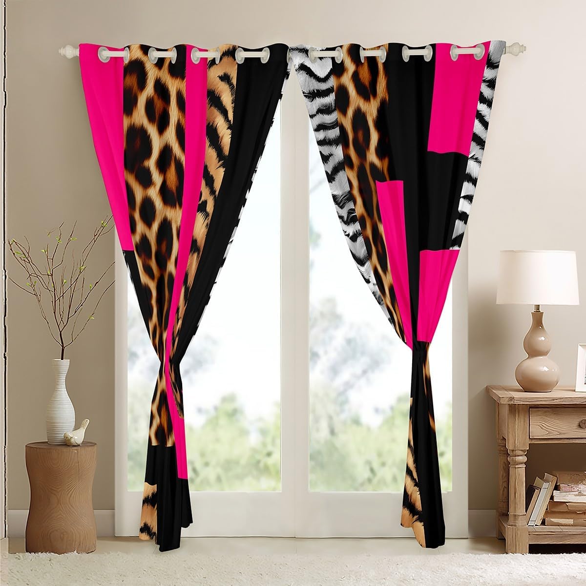 Feelyou Leopard Curtains for Bedroom Living Room Boys Girls Cheetah Hot Pink Black Blackout Curtains (2 Panels, 52 x 84 Inch) Animal Fur Print Darkening Dreapes Decor Safari Window Treatments Zebra
