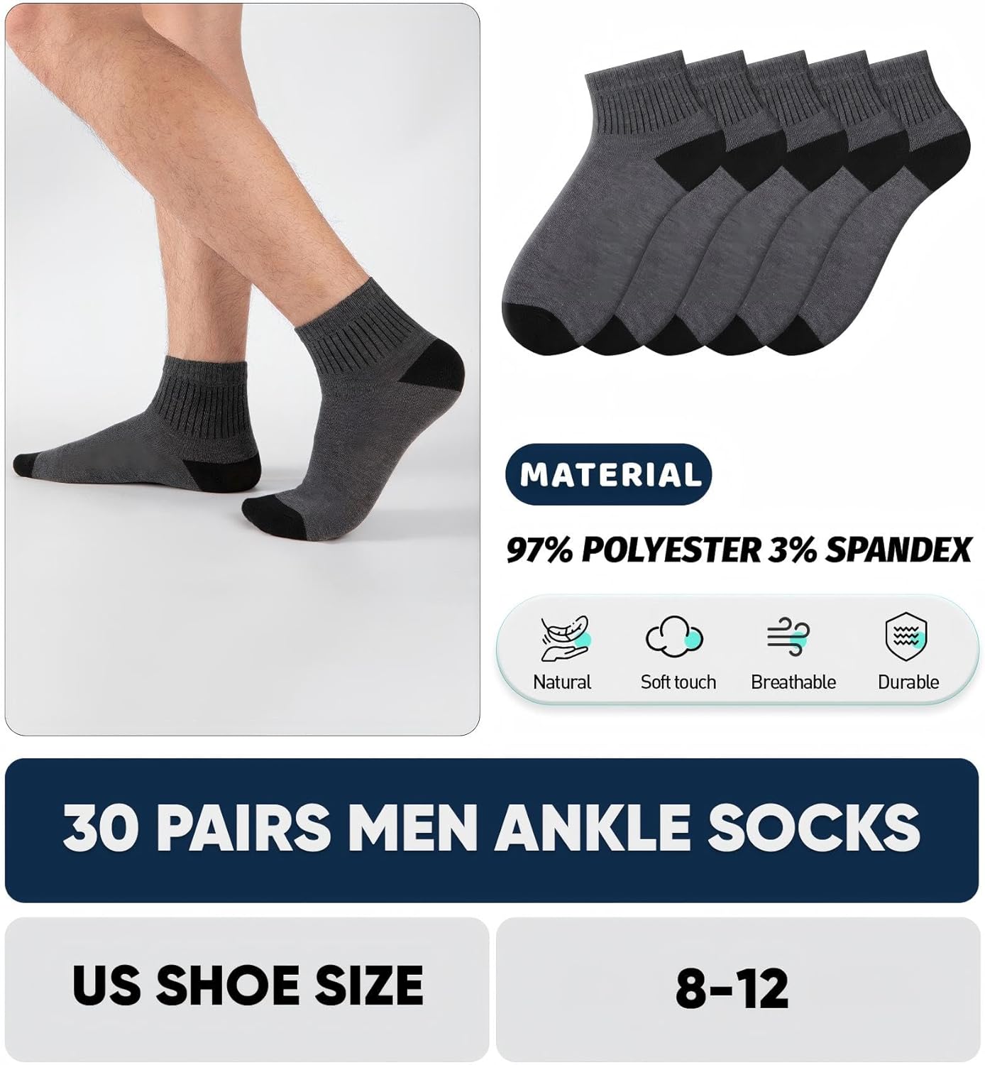 30 Pairs Mens Ankle Socks - Thin Breathable Athletic Casual Quarter Sock For Men 9-12 Bulk Pack - Image 2