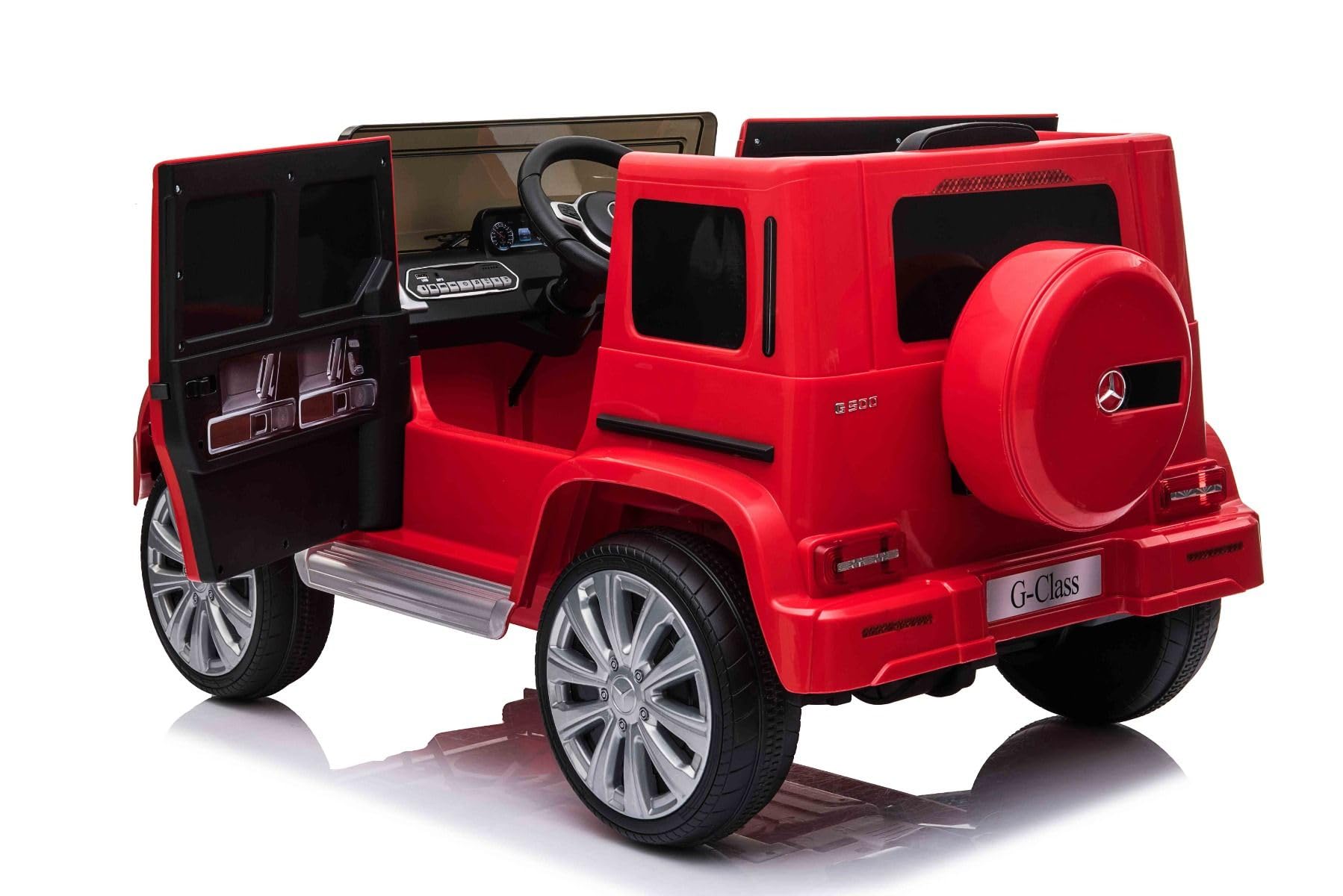 Samochód elektryczny Mercedes G500 12 V, czerwony, pilot 2,4 GHz, wejście USB/SD, tylne zawieszenie, bateria litowa, oświetlenie LED, oryginalna licencja