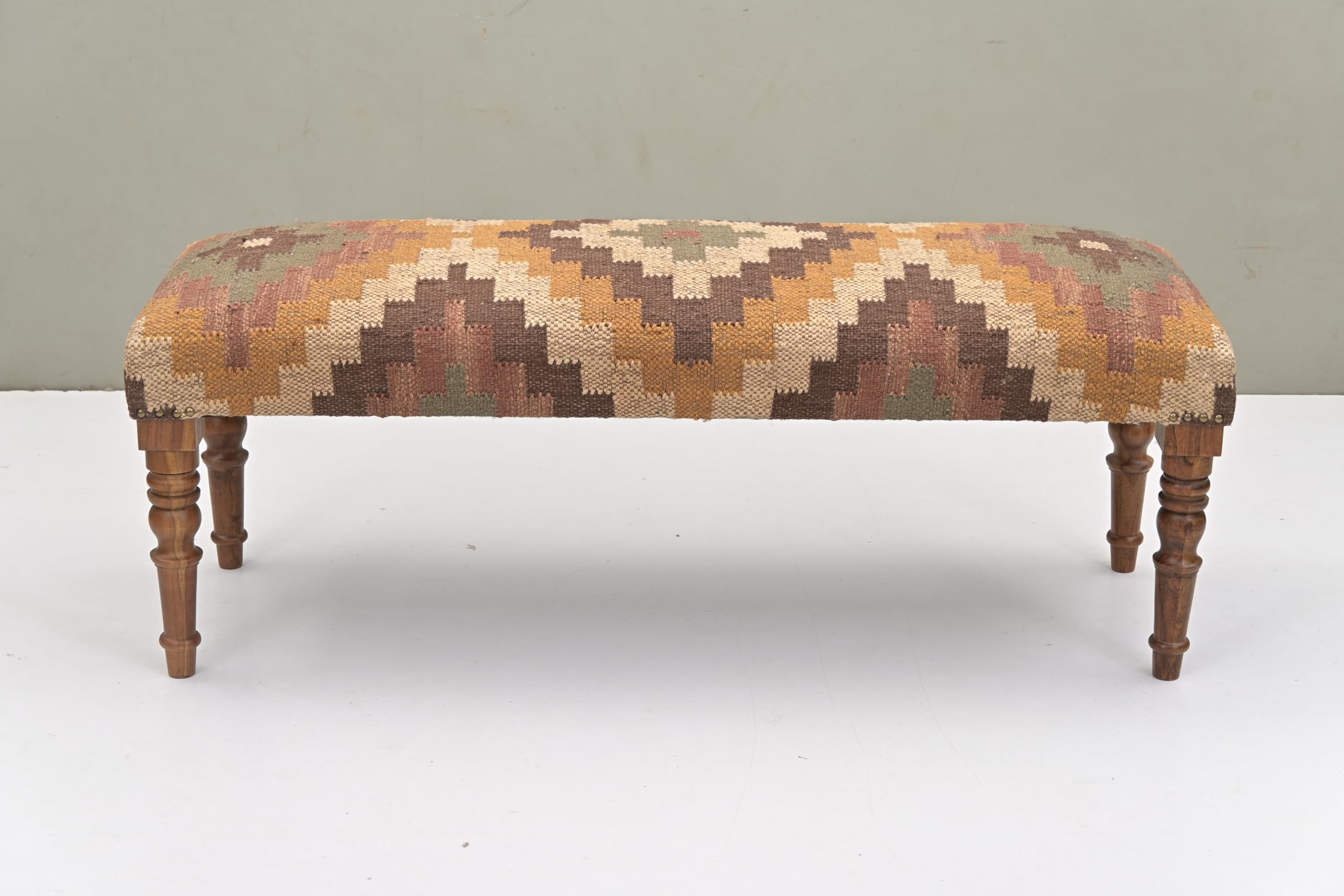 Acacia Wood Kilim Jute Fabric Upholstered Bench with Geometric Print | Southwestern Pattern Wooden Ottoman with Turned KD Legs for Living Room, Bedroom, End of Bed, Hallway & Entryway