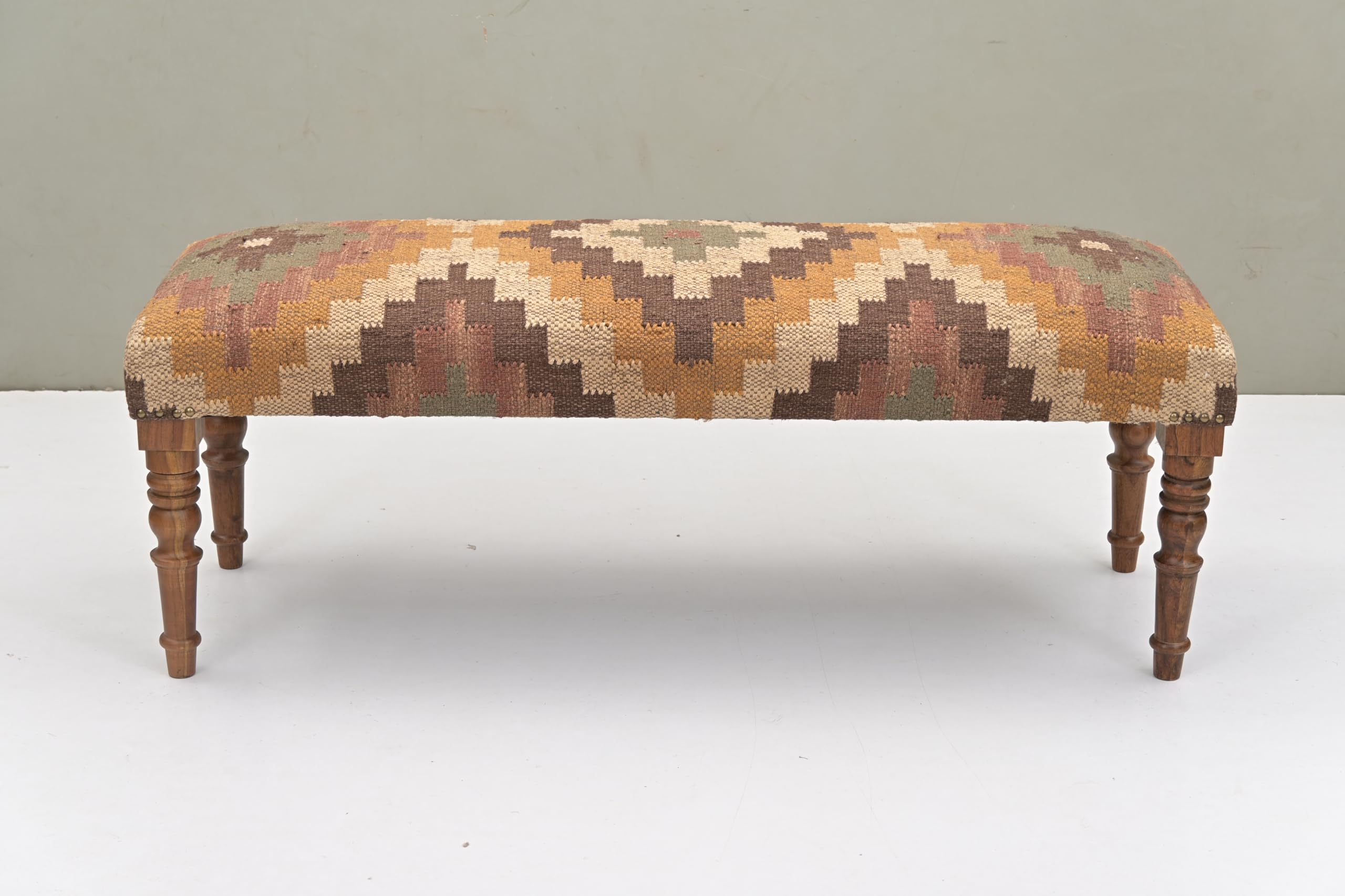 Acacia Wood Kilim Jute Fabric Upholstered Bench with Geometric Print | Southwestern Pattern Wooden Ottoman with Turned KD Legs for Living Room, Bedroom, End of Bed, Hallway & Entryway