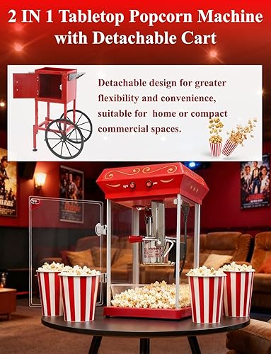 Miniatura 3 de Máquina de palomitas de maíz con carrito y ruedas de 7 onzas, máquina de palomitas de maíz con hervidor de acero inoxidable de 600 W, máquina de