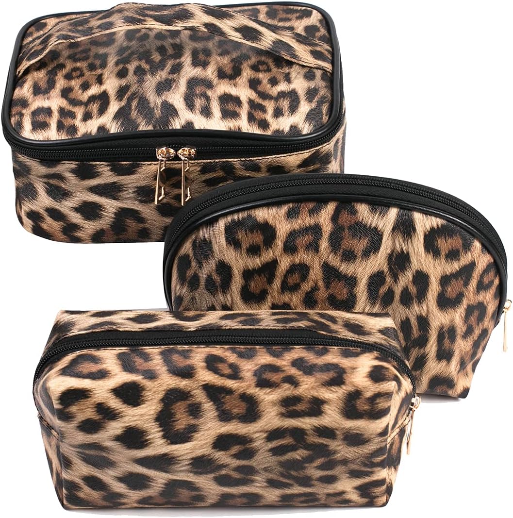 Makeup Bag Leopard 3 Pack Travel Toiletry Bag Portable Cosmetic Pouch Organizer with Small Brush Holders Gold Zipper Waterproof Storage Case for Women and Girls