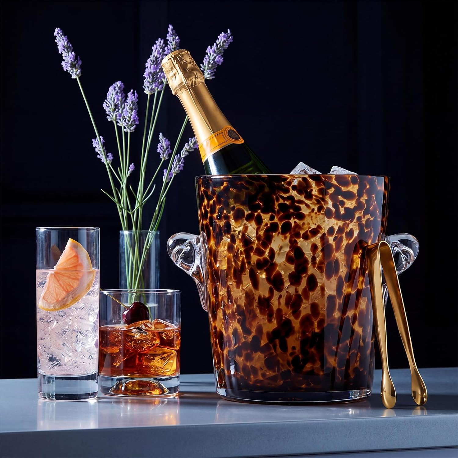 Domensi Tortoiseshell Ice Bucket with Tongs 7" x 6 1/4" Diameter Chiller Beverage Tub Cocktail Home Bar Accessories, Wine, Beer Ice Bucket for Drinks and Parties, Champagne Drink Cooler