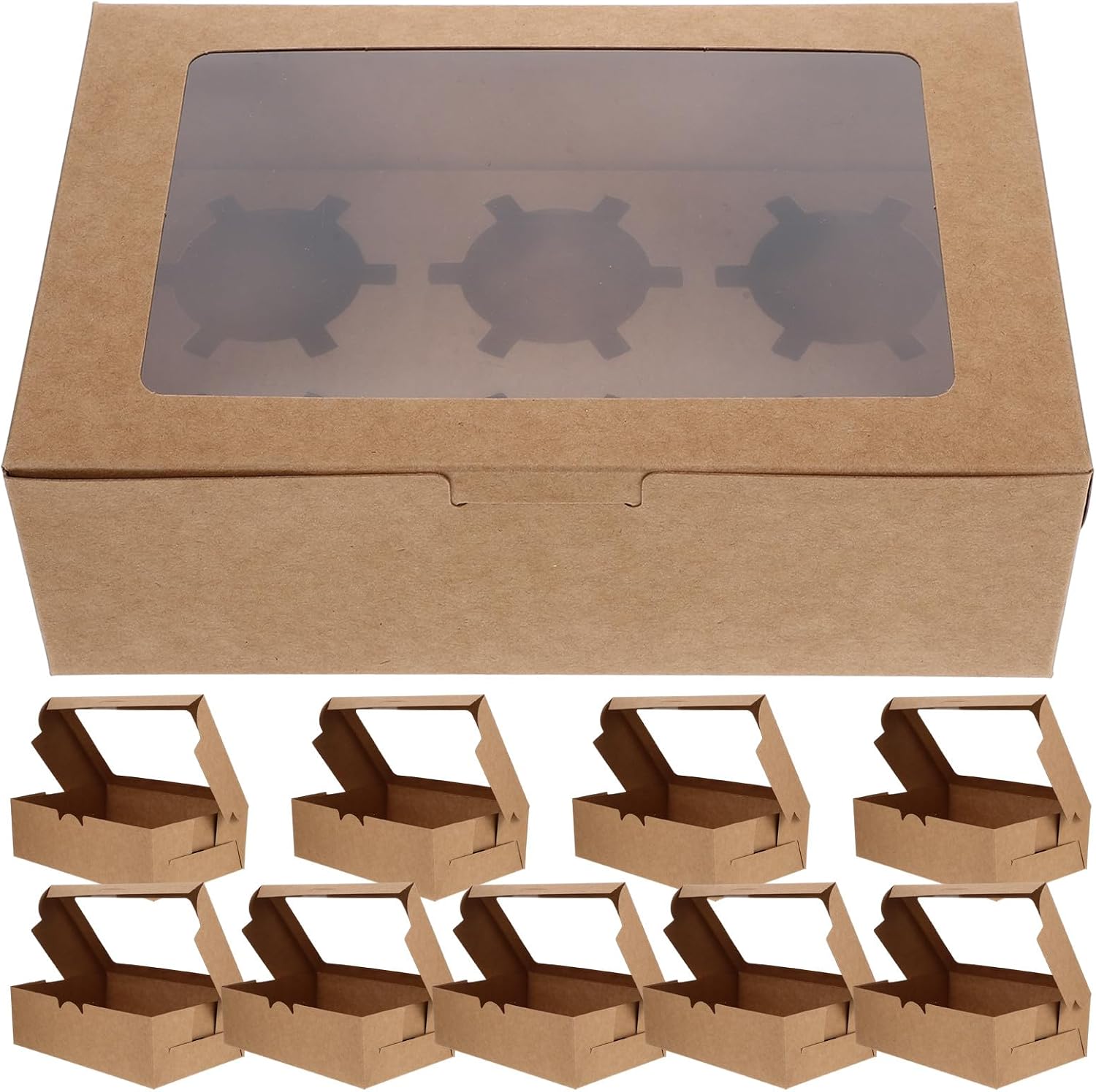 OUNONA Bakery Carrier Boxes 10pcs 6-hole Cupcake Boxes with Window 350g Kraft Paper Treat Containers for Homemade Pastries and Cupcakes Packaging