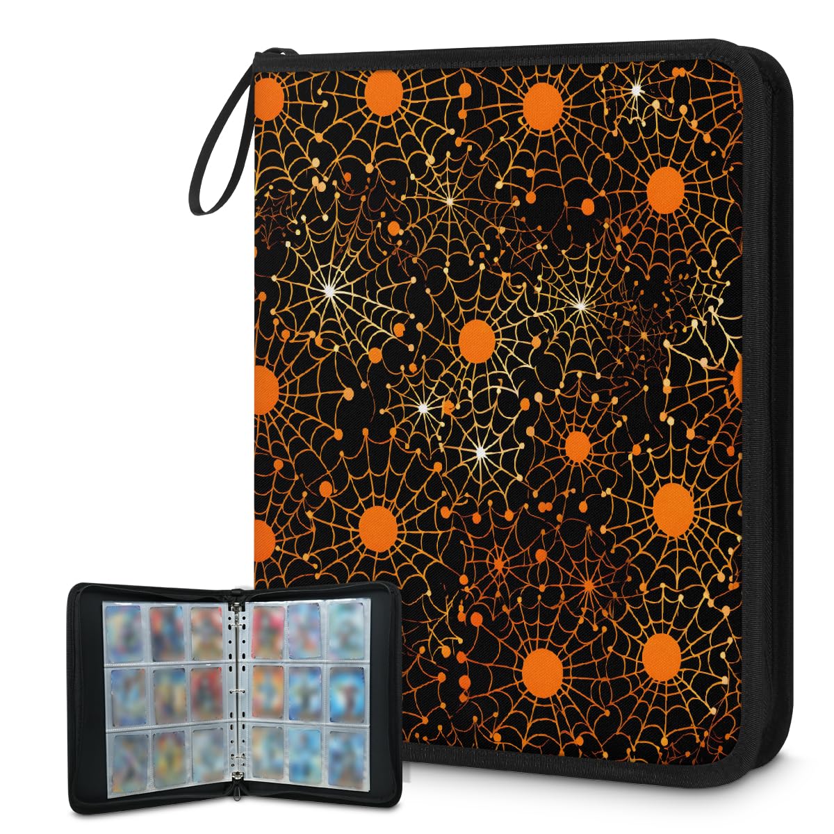Raccoglitore per carte con 9 tasche, 900 tasche, con chiusura a cerniera (ragnatela arancione a maculati)