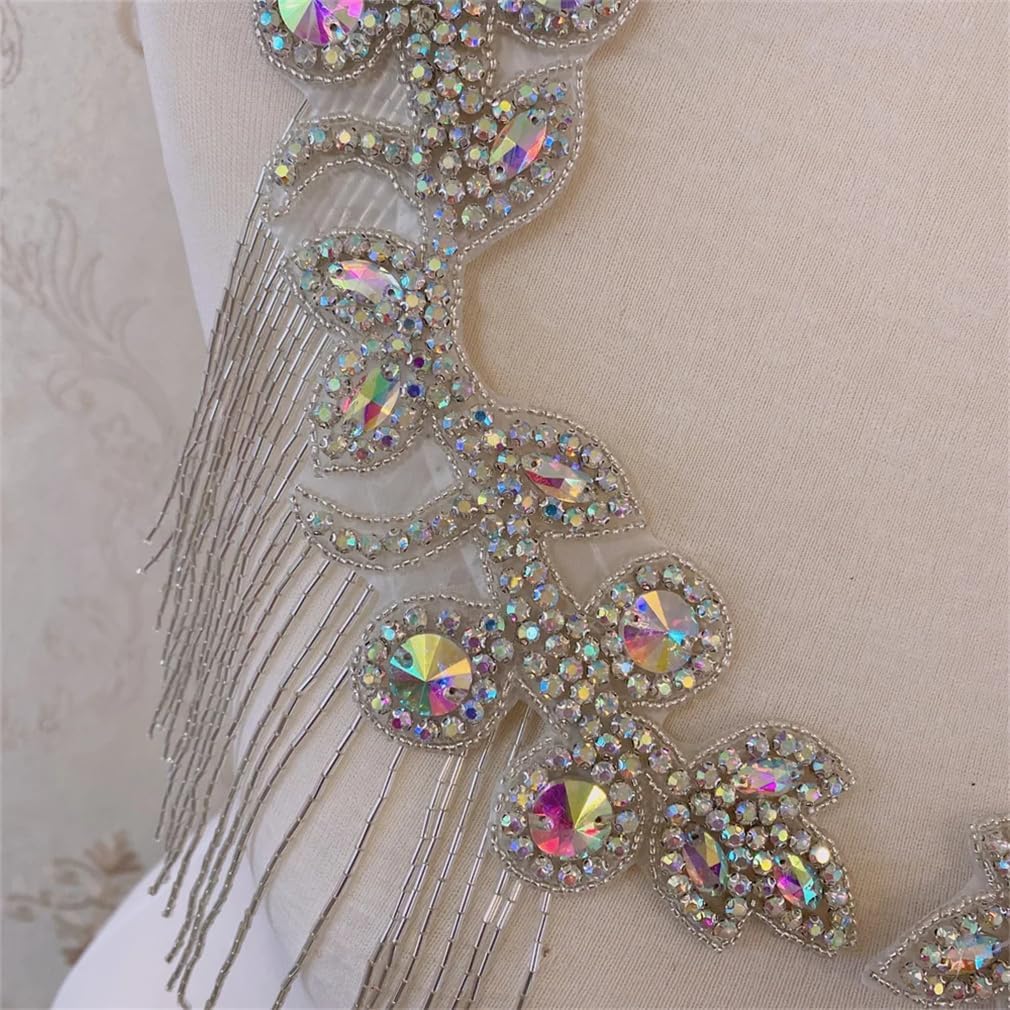 Generic 2Pcs Handmade Crystal Rhinestone Applique Iron On Shoulder Trim for Wedding Dress DIY Accessories, 1 Silver C