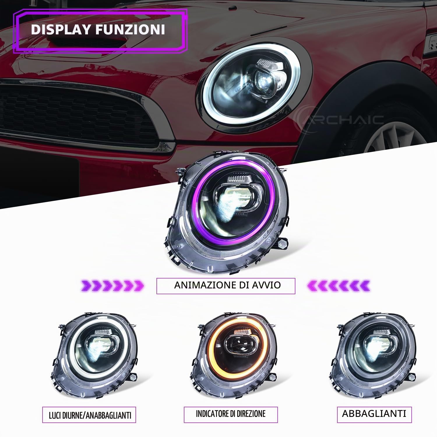 Archaic LED RGB Fari Anteriori Per Mini Cooper Clubman R55/R56/R57/R58/R59 | 2007-2013 per alogeni OE modelli, luci anteriori con animazione RGB DRL, coppia