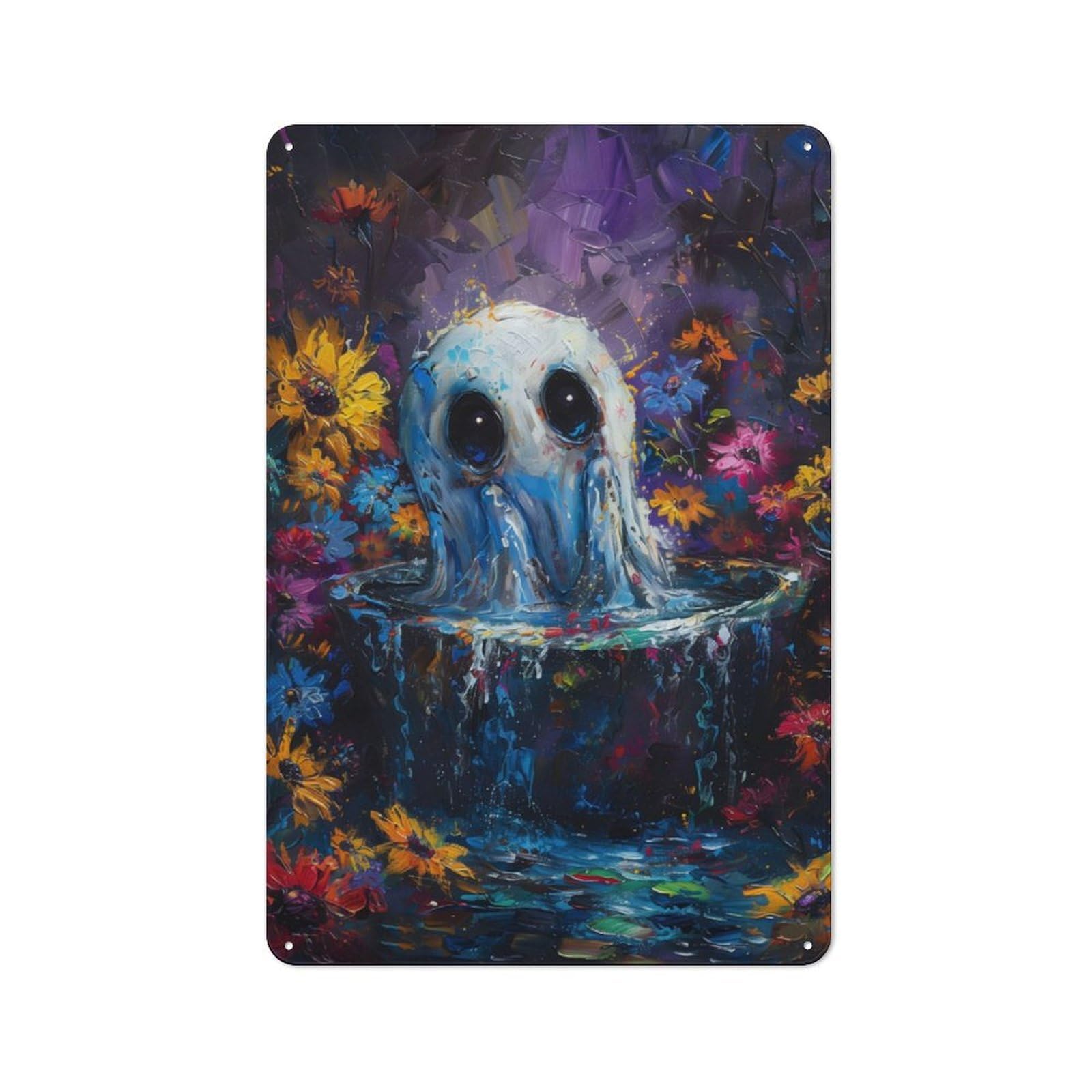 Junmoney Ghost In A Pool Of Flowers Industrial-Style Tin Sign 30X20cm For Garage Or Workshop, For Garage, Workshop And Man Cave Decoration