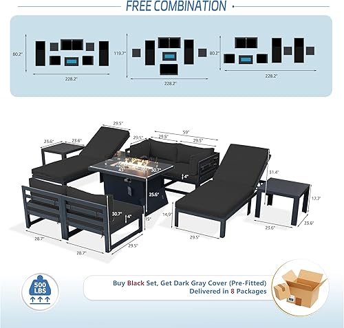 Miniatura 276 de NICESOUL 7 Piece White Powder-Coated Aluminum Patio Furniture with Fire Pit Table, 29 Inch Extra Wide Outdoor Sectional Sofa for 6, High-End Heavy