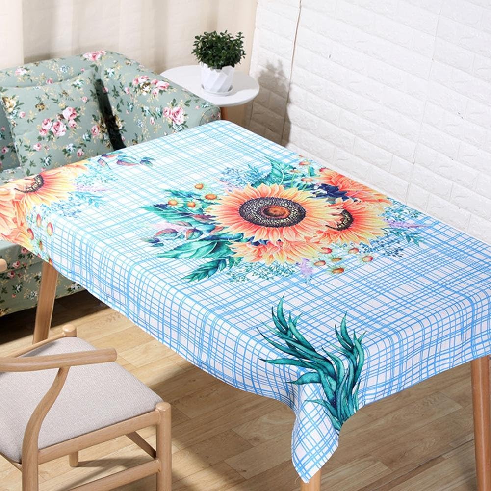 JIAAE Mediterranean Style Natural Linen Tablecloths 3D Digital Printing Sunflower Cartoon Table Cloth Home Decoration Blue Lattice Background Rectangular Cover Towel, 90140cm