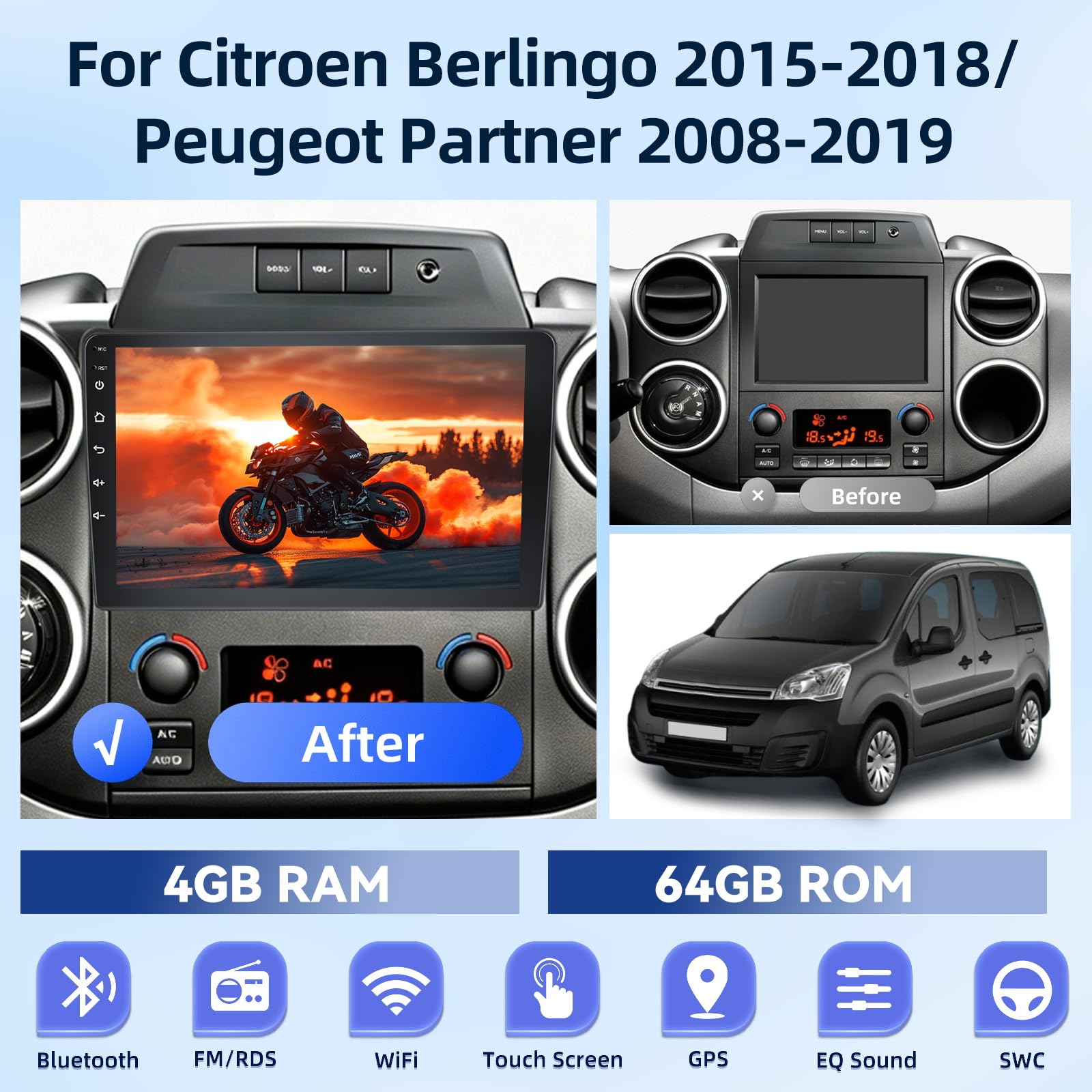 4G+64G Android Autoradio pour Citroen Berlingo 2015-2018/Peugeot Partner 2008-2019 avec Carplay & Android Auto sans Fil, Écran Tactile IPS 9 Pouces avec GPS, WiFi, 32EQ, Bluetooth 5.0, Radio FM/RDS
