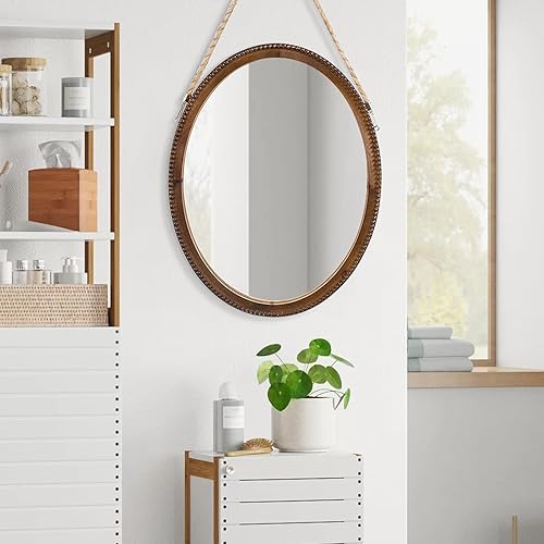 Miniatura 6 de OKSQW Espejo de pared ovalado de 20 pulgadas, marco de cuentas de madera, arte decorativo, rústico, de madera, espejo colgante con cuerda para
