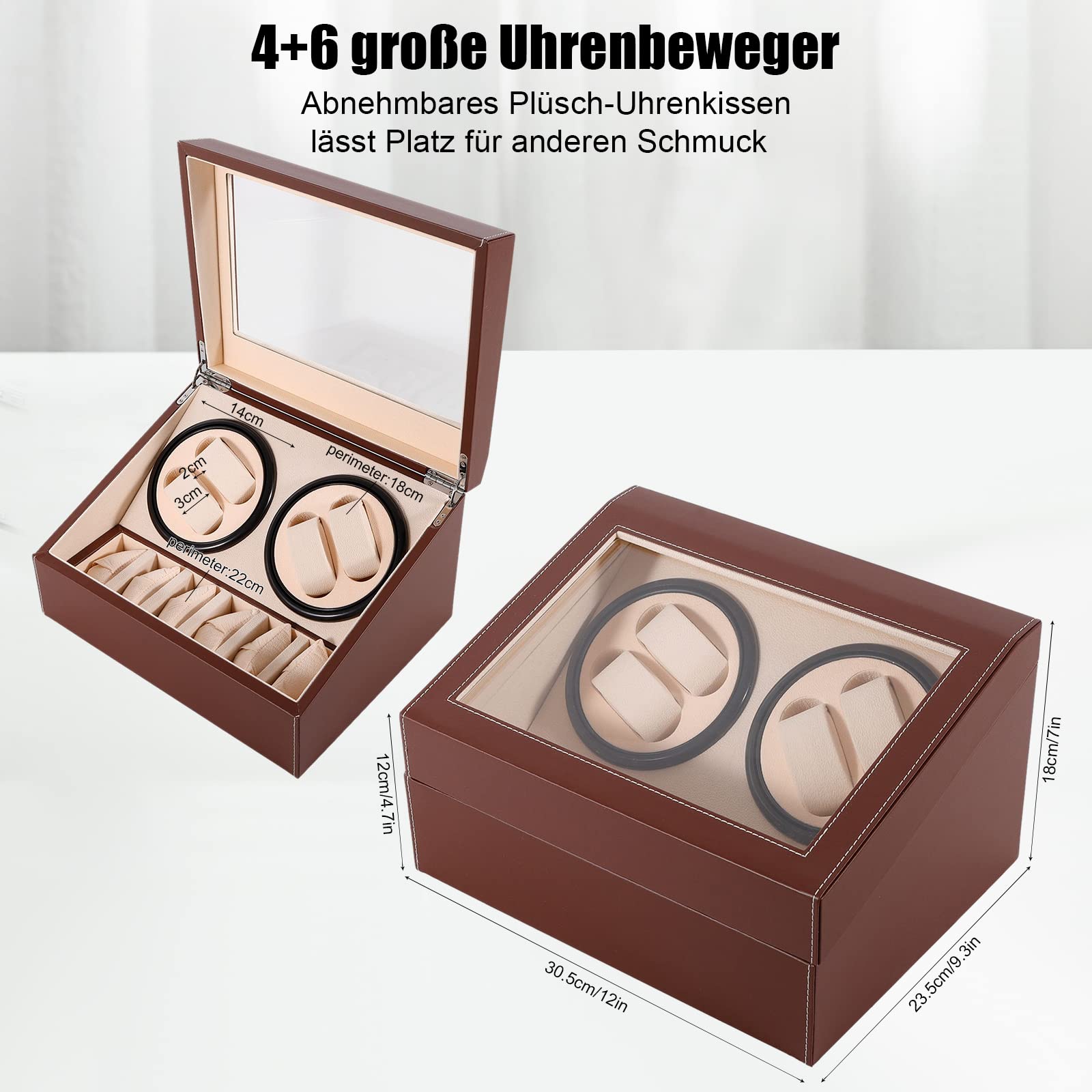Futchoy Rotomat do zegarków automatyczny rotomat 4 + 6 pudełko na zegarki Watch Winder do zegarków automatycznych, brązowy