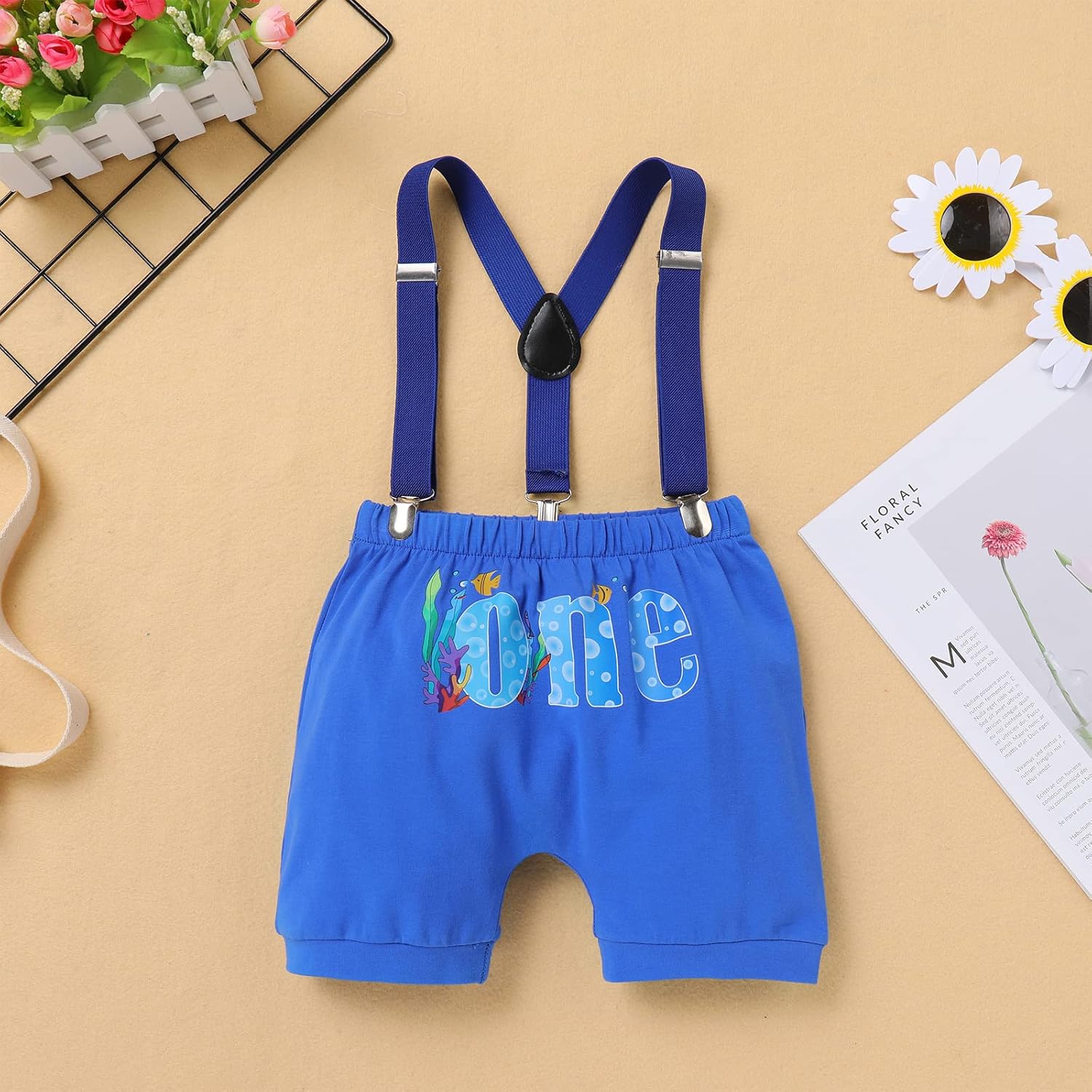 ODASDO Baby Boy Ocean/Excavator/Basketball Theme 1st Birthday Smash Cake Outfit Bow Tie Romper Shorts Suspenders Set - Image 6